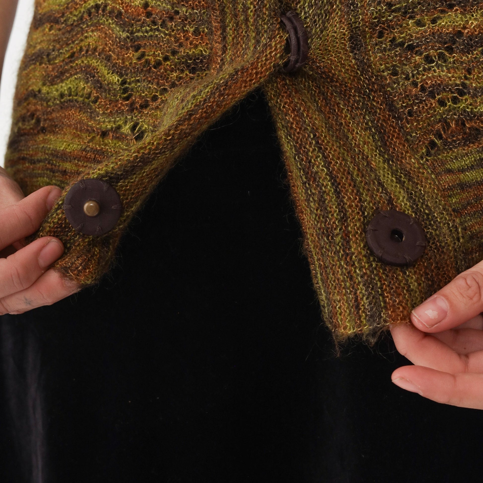 90s Jones New York Space Dye Cardigan Brown Green Mohair Blend Short Sleeve Small