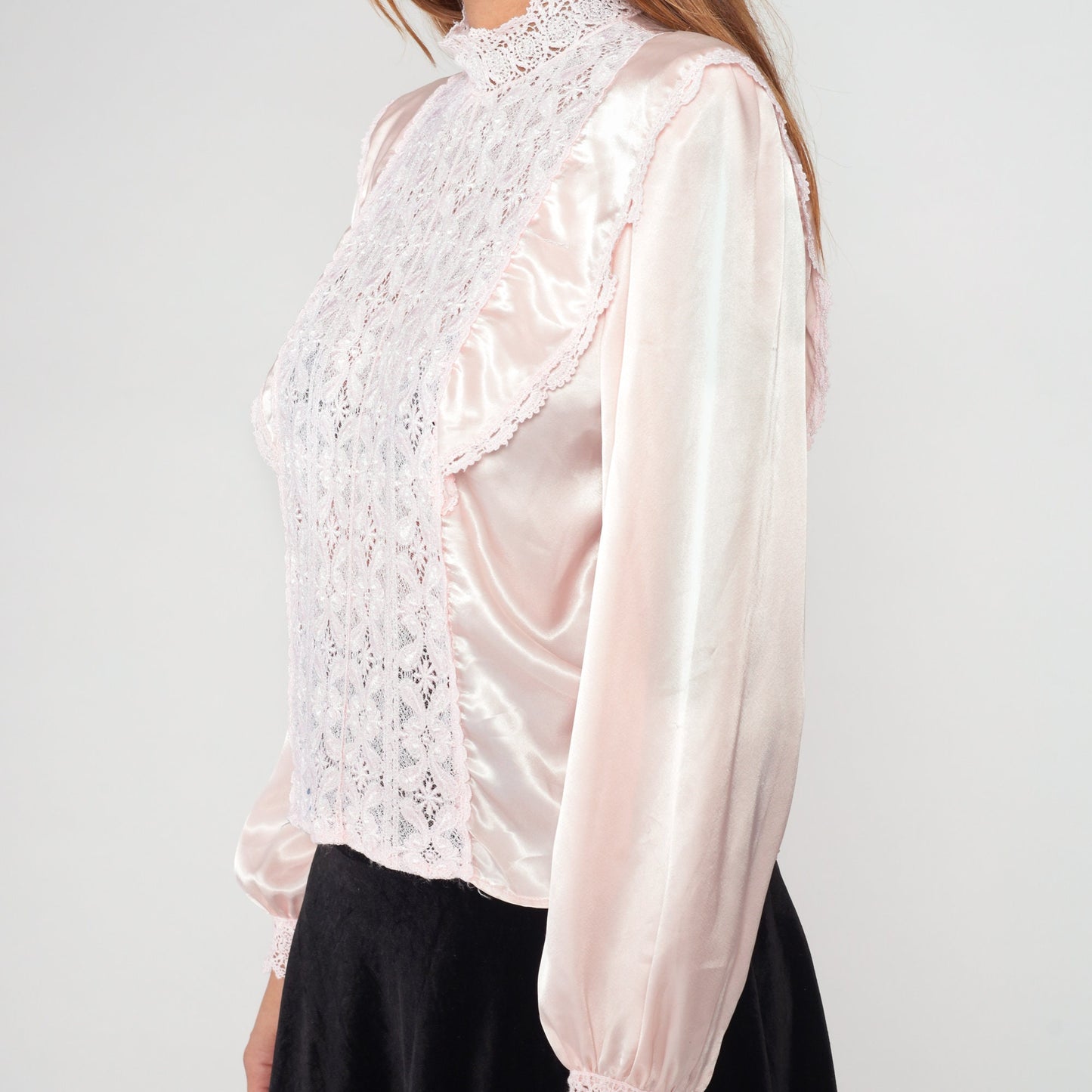 80s Baby Pink Lace Blouse Mock Neck Ruffled Long Sleeve Satin Shirt Medium