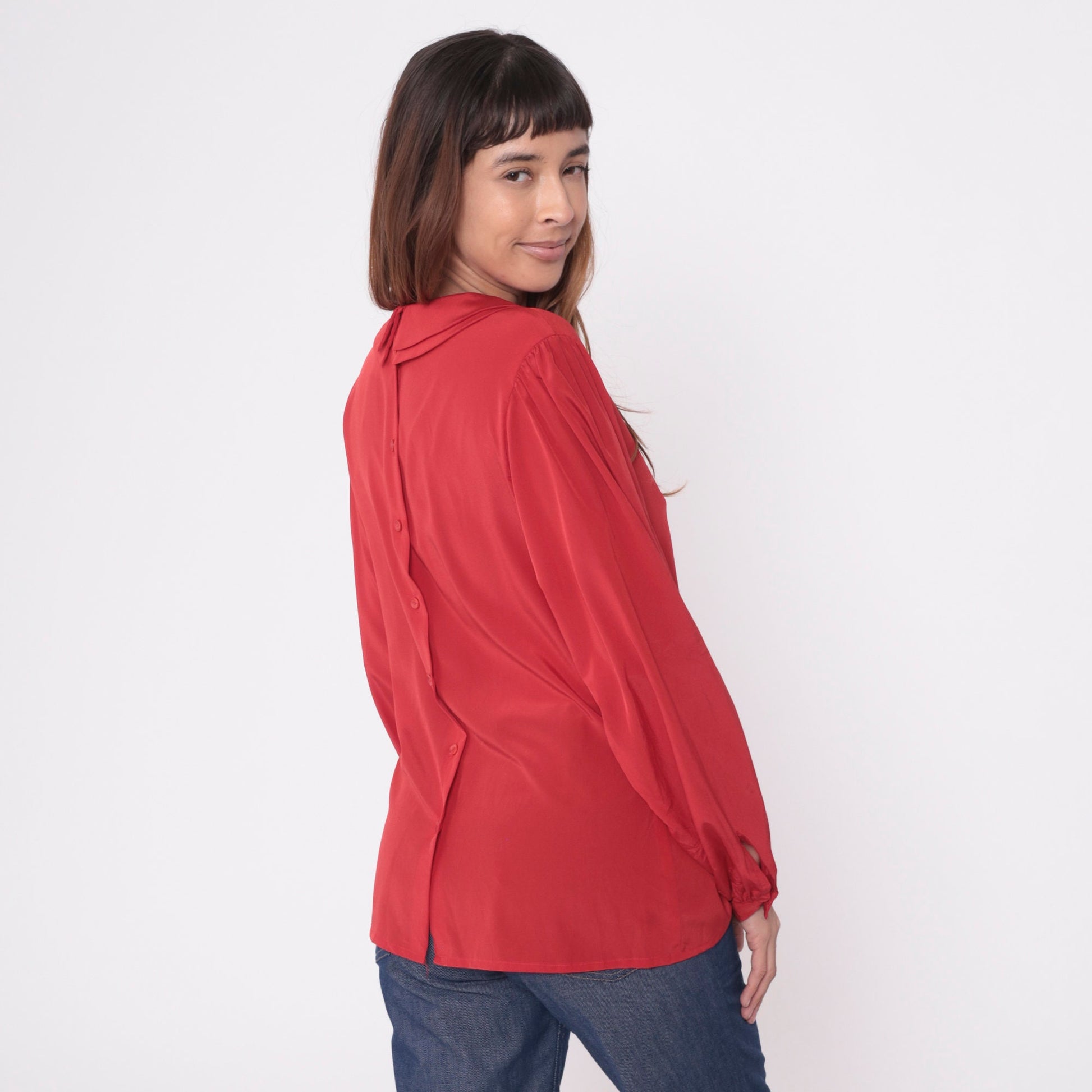 80s Red Puff Sleeve Blouse Peter Pan Collar Pleated Button Up Medium
