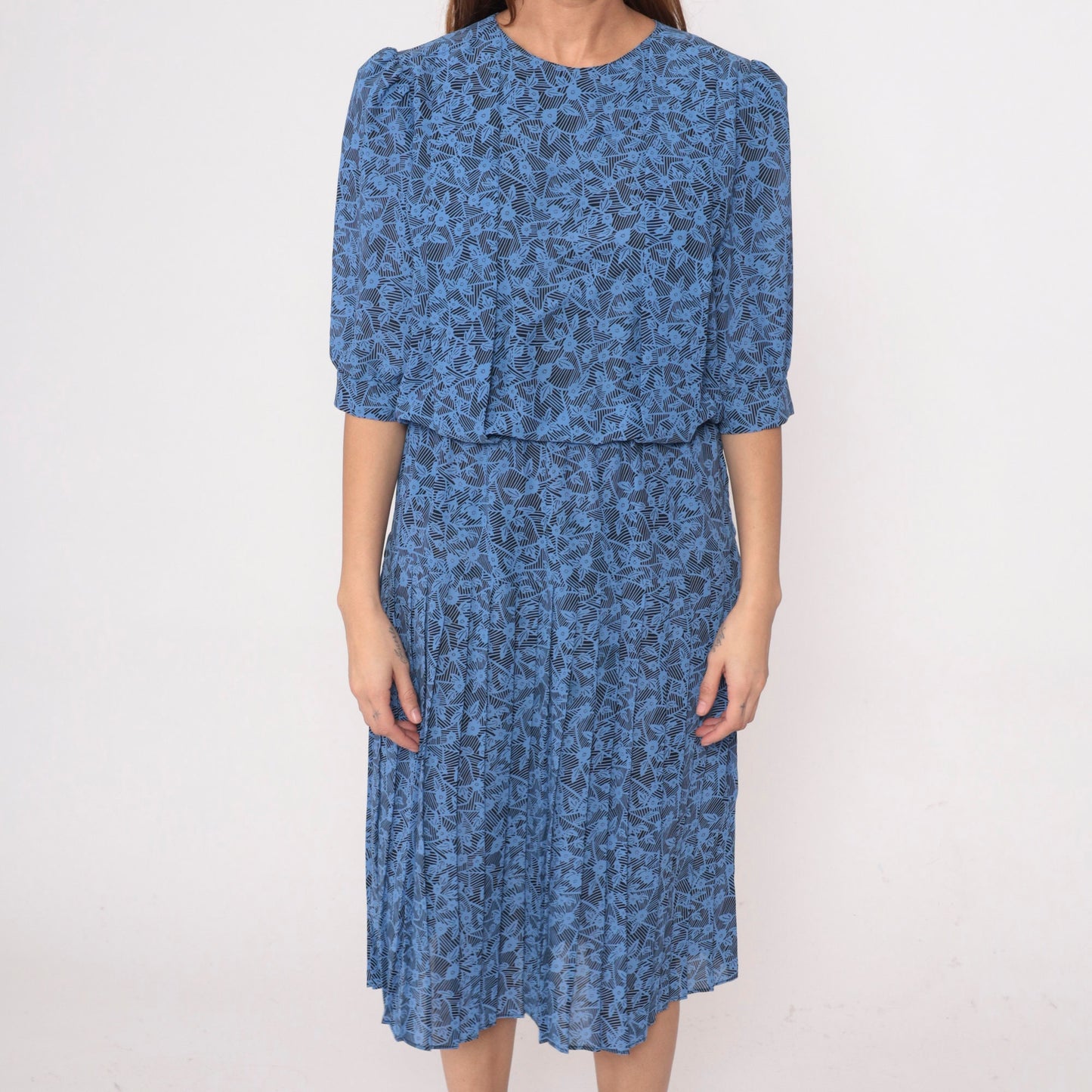 80s Blue Floral Midi Dress Puff Sleeve Pleated High Waist Medium