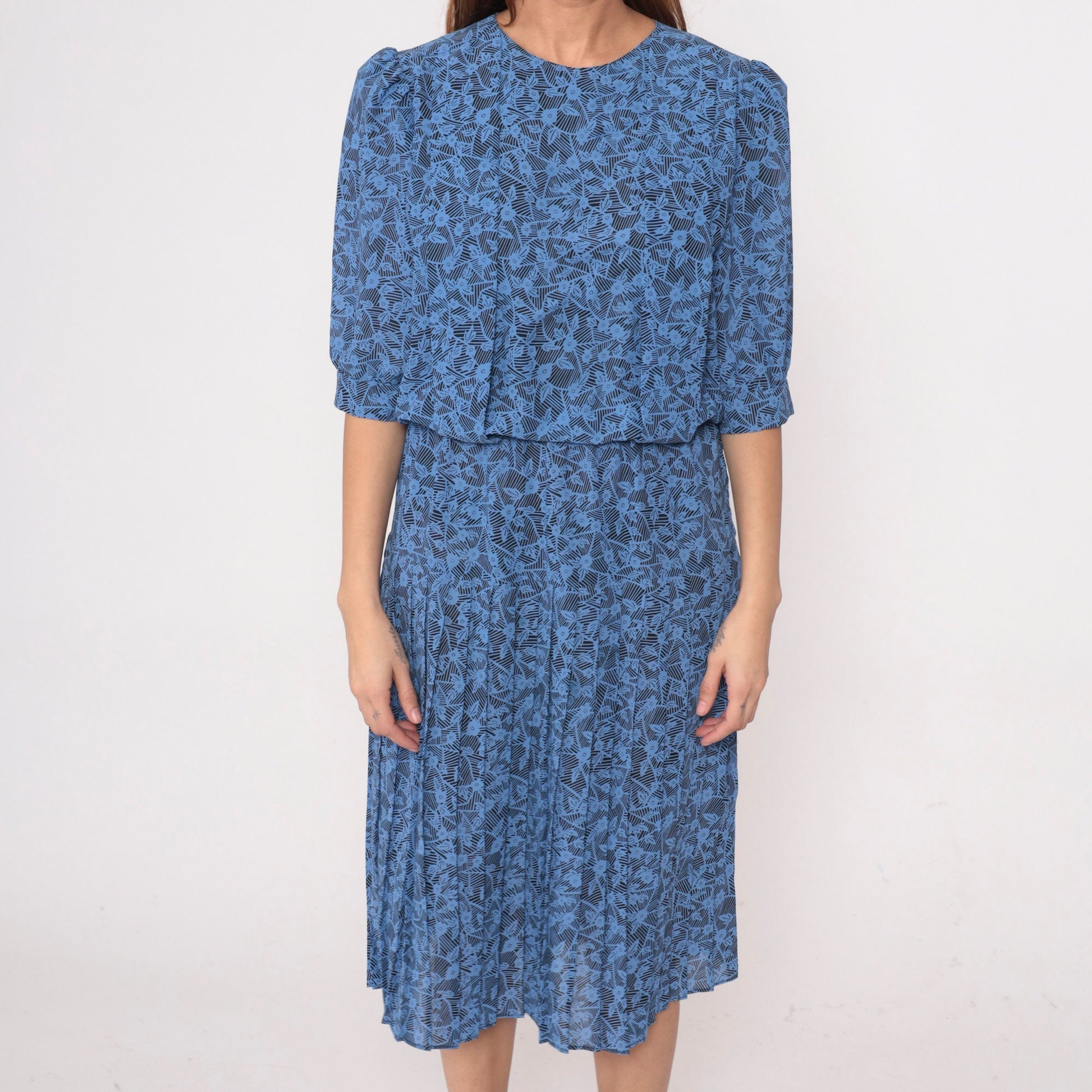 80s Blue Floral Midi Dress Puff Sleeve Pleated High Waist Medium