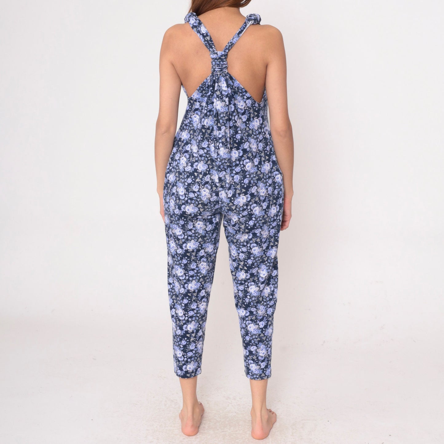 90s Periwinkle Floral Jumpsuit Y-Back Tapered Capri V-Neck Sleeveless Small Medium