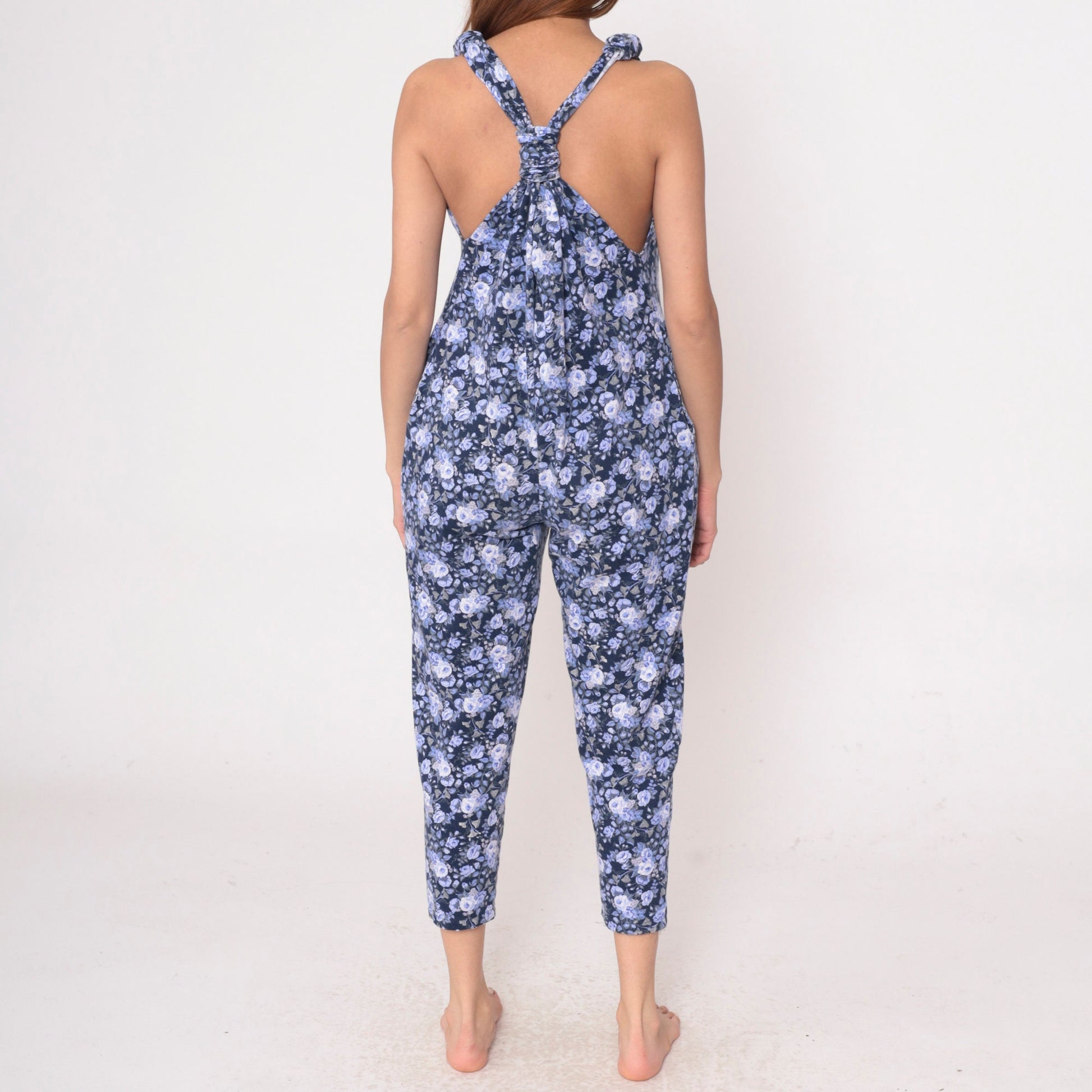 90s Periwinkle Floral Jumpsuit Y-Back Tapered Capri V-Neck Sleeveless Small Medium