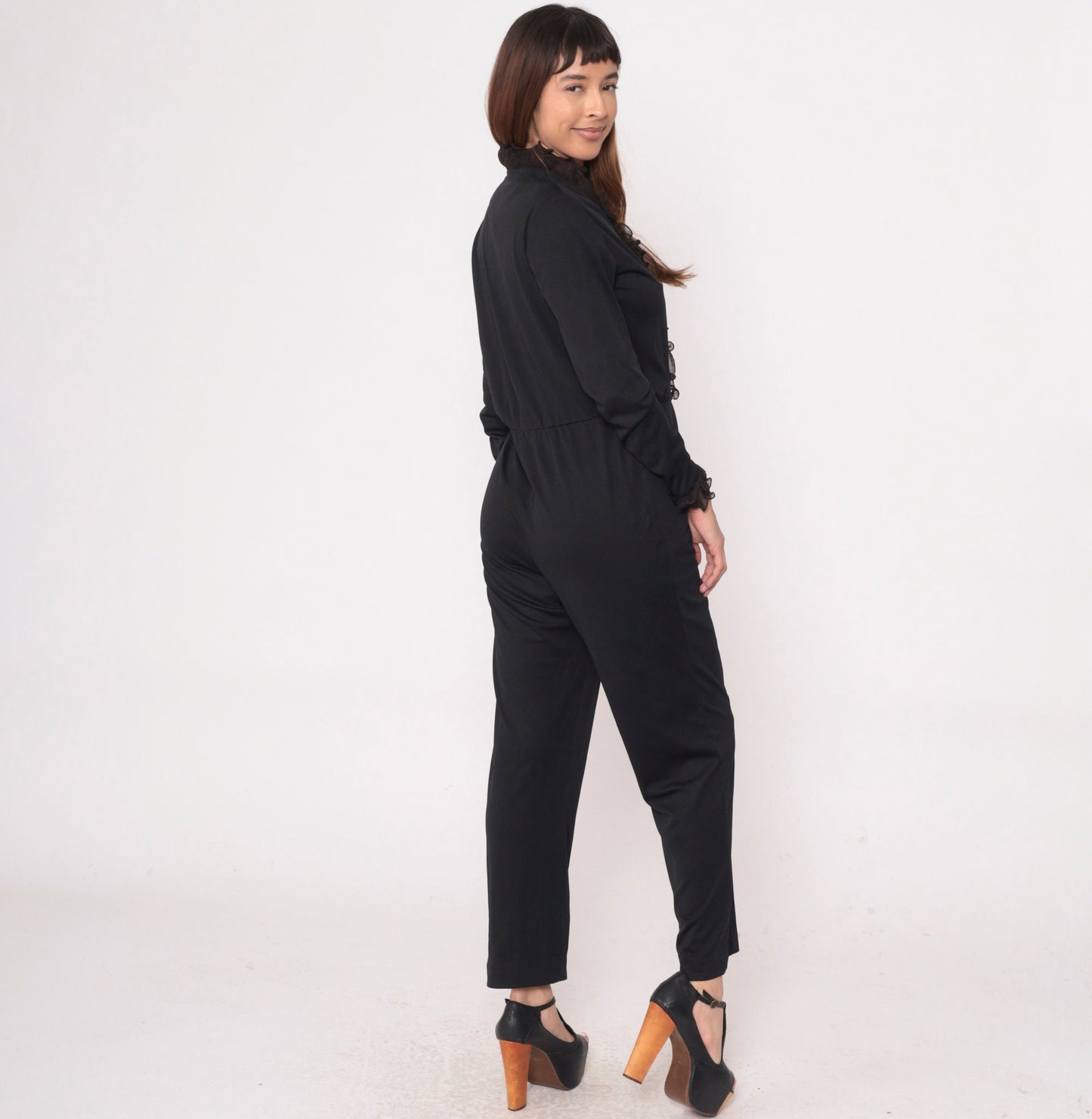 70s Black Tuxedo Jumpsuit Ruffled Front Long Sleeve High Waist Medium