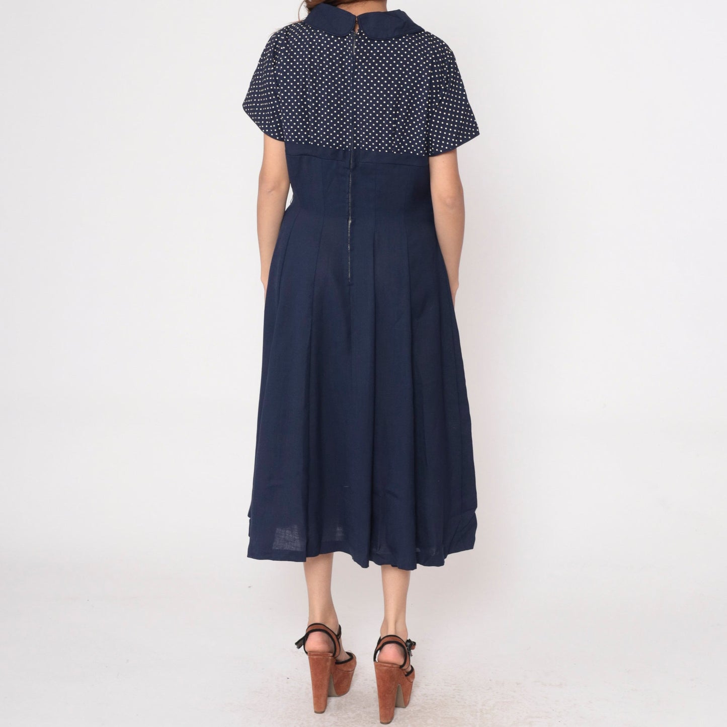 1960s Navy Polka Dot Rhinestone Bow Cocktail Dress Empire Waist Large L