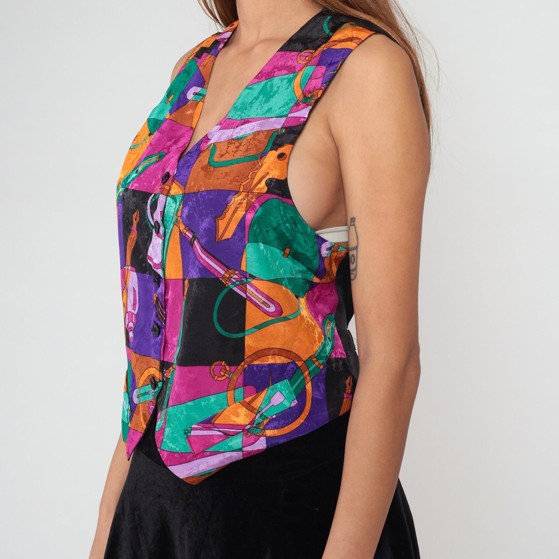 90s Writer Vest Pen Ink Key Print Button Up Sleeveless Top Medium