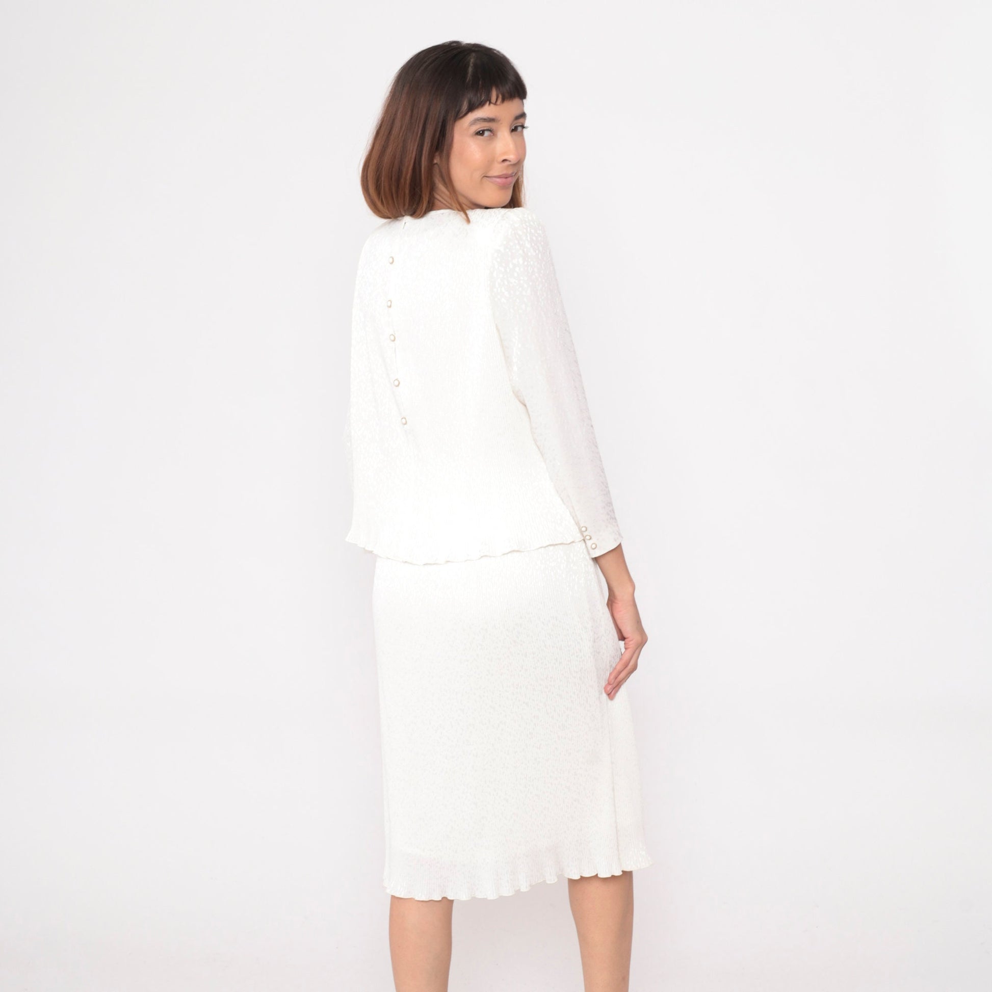 80s White Snakeskin Embossed Midi Dress Puff Sleeve Pearl Beaded Small