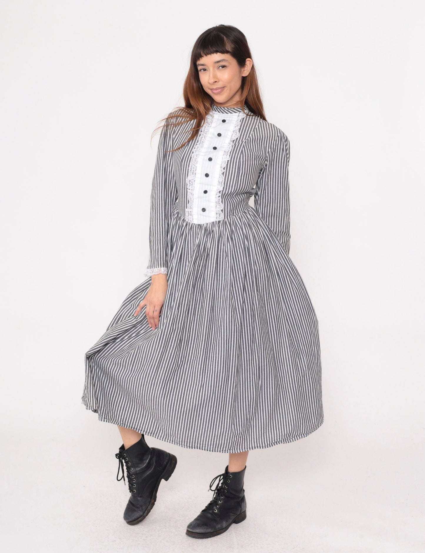 80s Grey White Striped Midi Dress Tuxedo Lace Bib Puff Sleeve Small