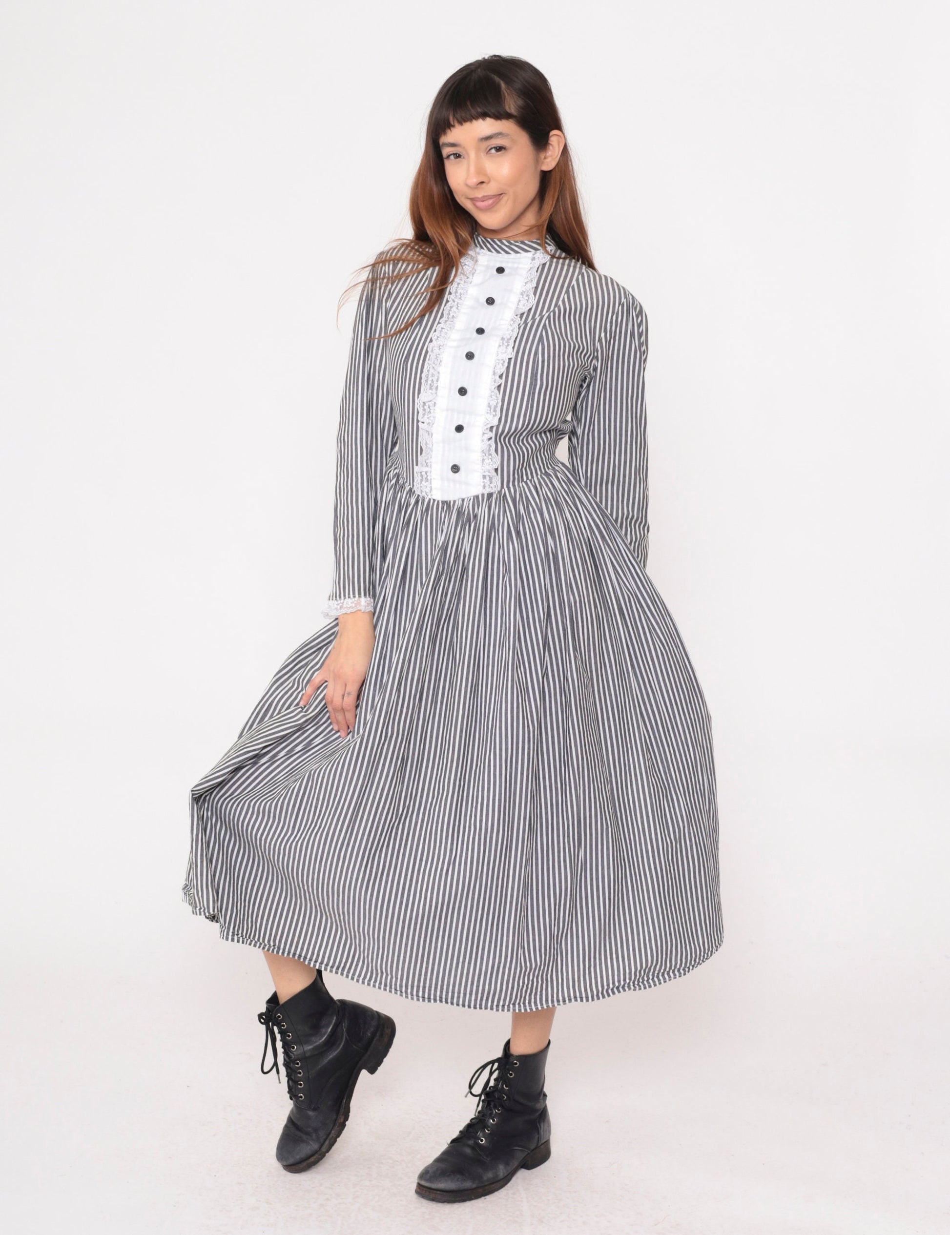 80s Grey White Striped Midi Dress Tuxedo Lace Bib Puff Sleeve Small