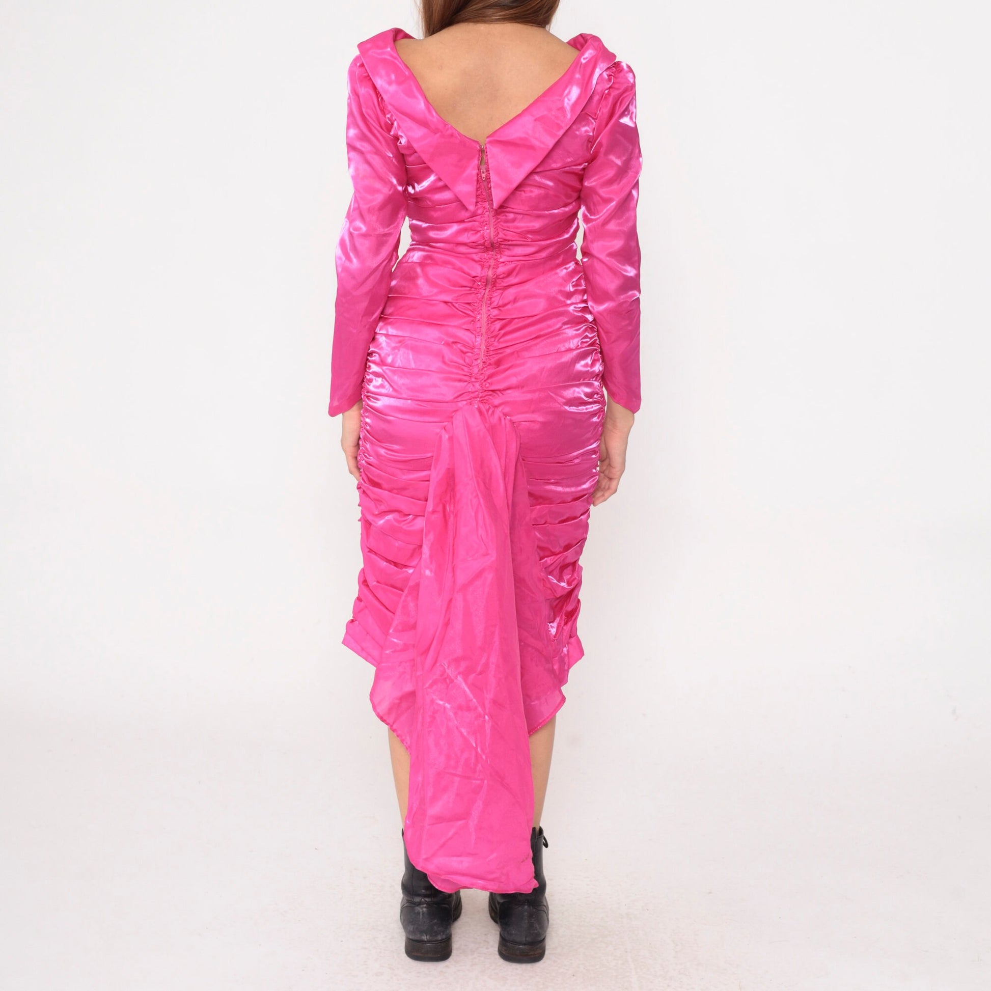 80s Hot Pink Satin Midi Dress Puff Sleeve Ruched Sheath Train Small