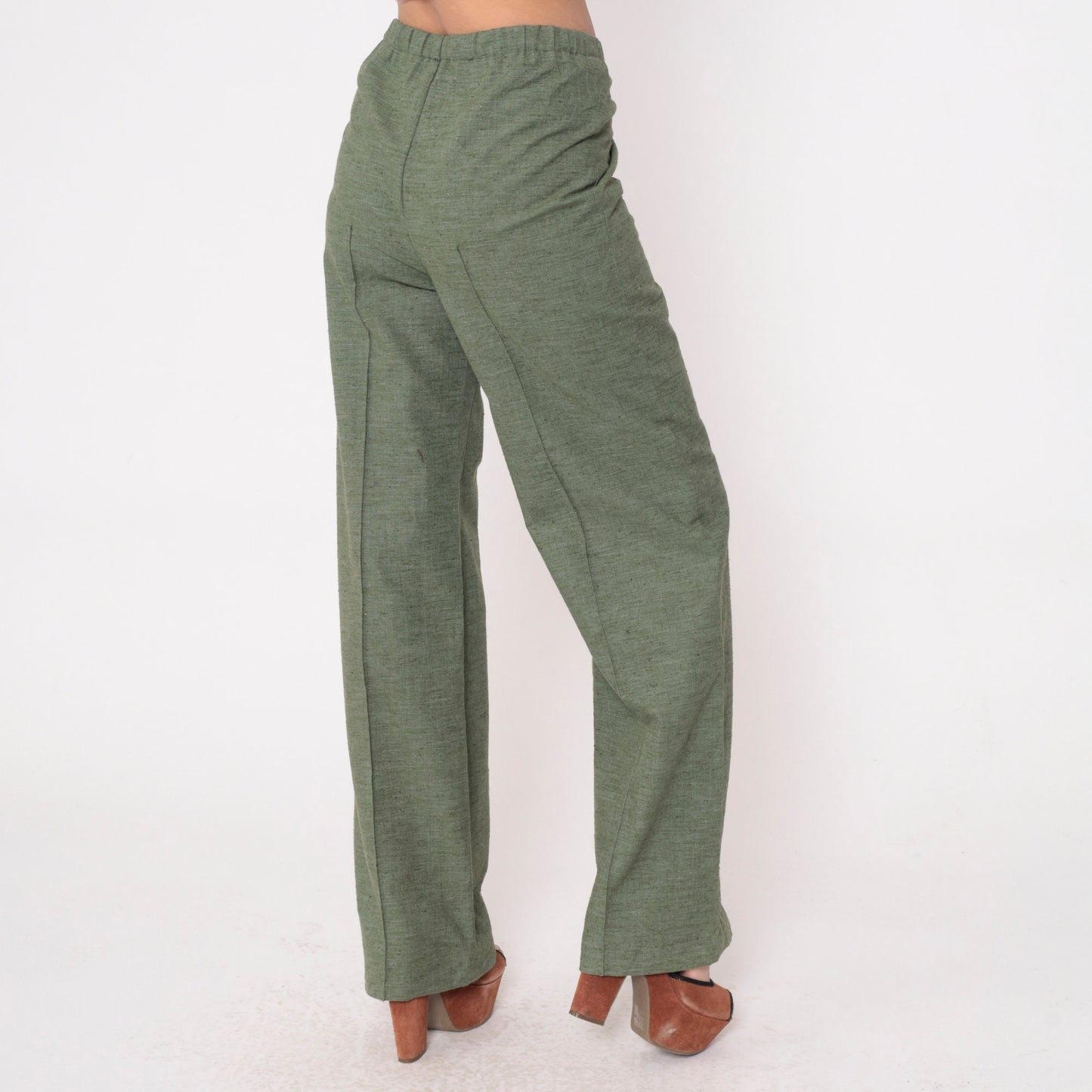 70s Wide Leg Trousers Heathered Green High Waist Creased Medium