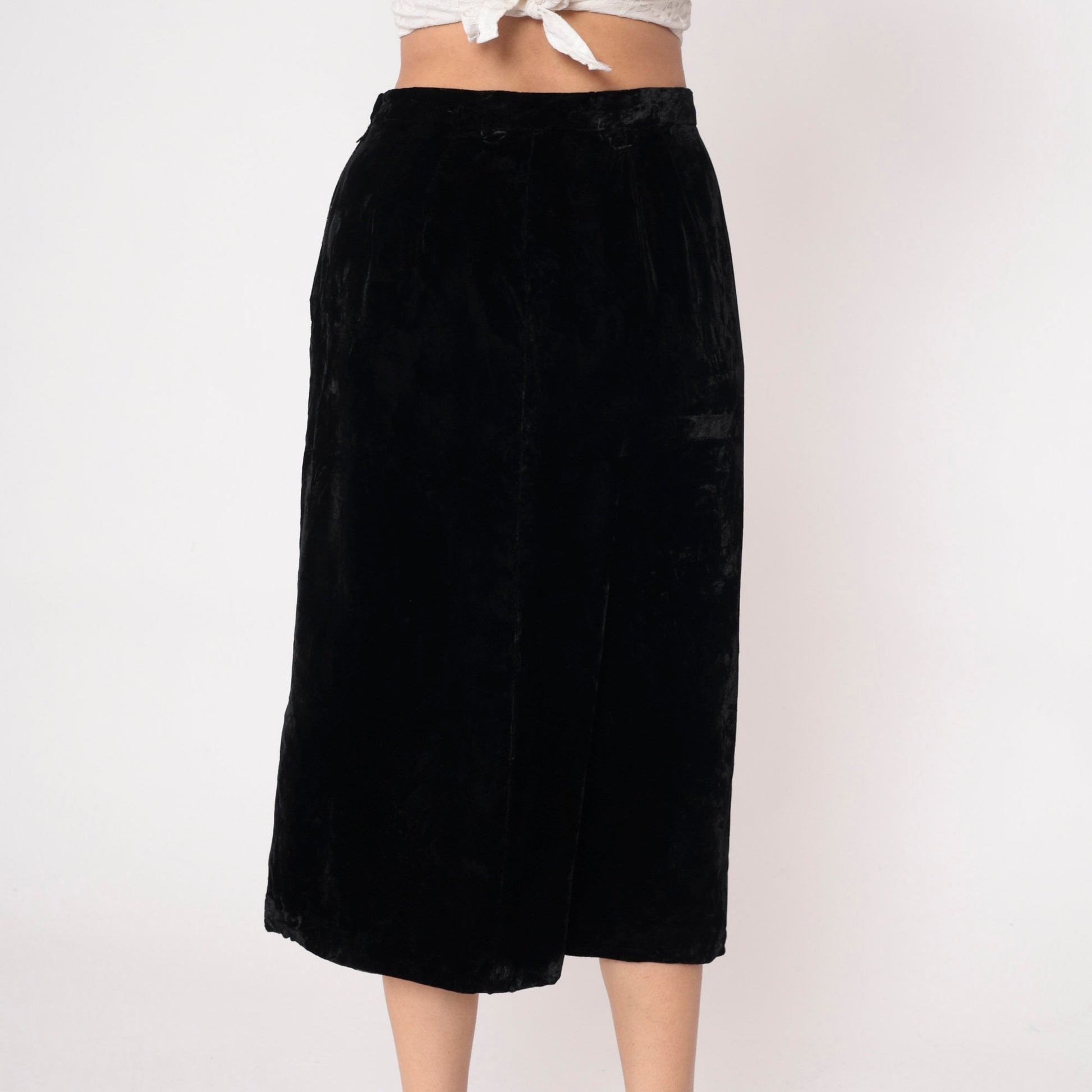 90s Black Velvet Midi Pencil Skirt High Waist Side Slit Small