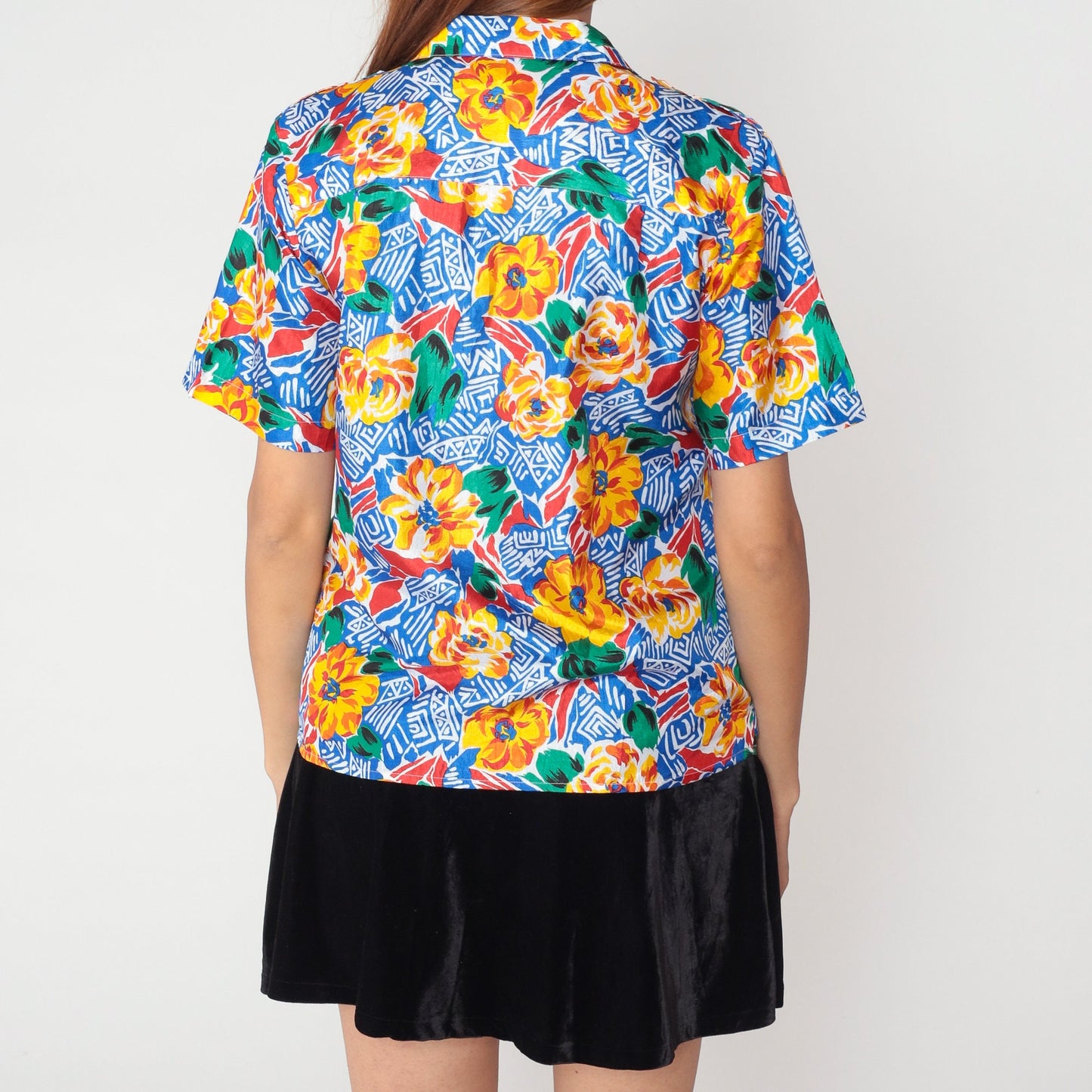 90s Geometric Floral Button-Up Blouse Abstract Print Short Sleeve Small