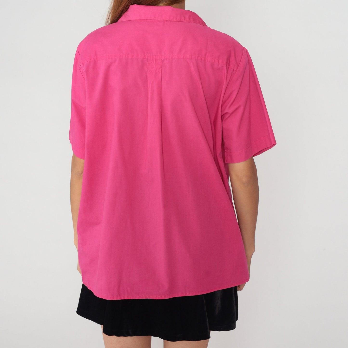 80s Pink Button-Up Blouse Short Sleeve Collared Shirt Cotton Blend Extra Large