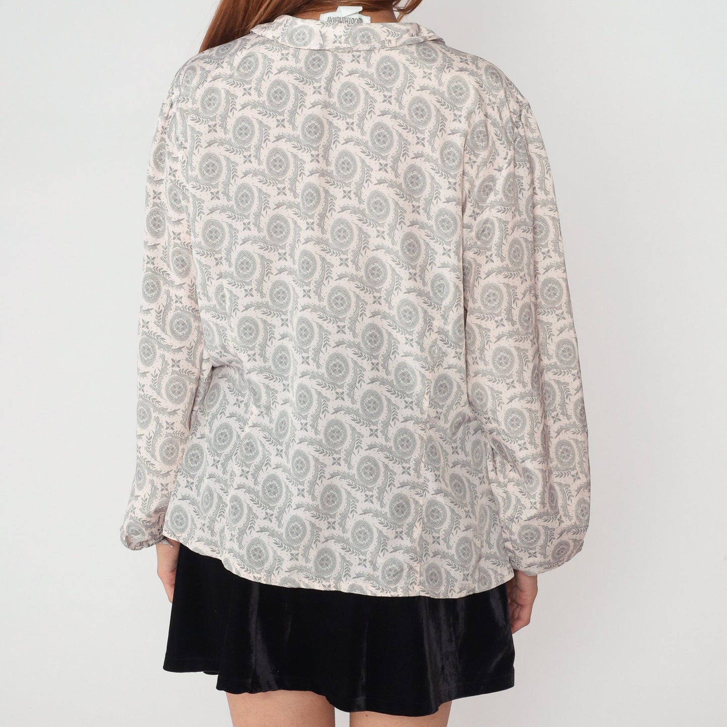 80s Worthington Floral Mandala Vine Print Button-Up Blouse Grey White Extra Large