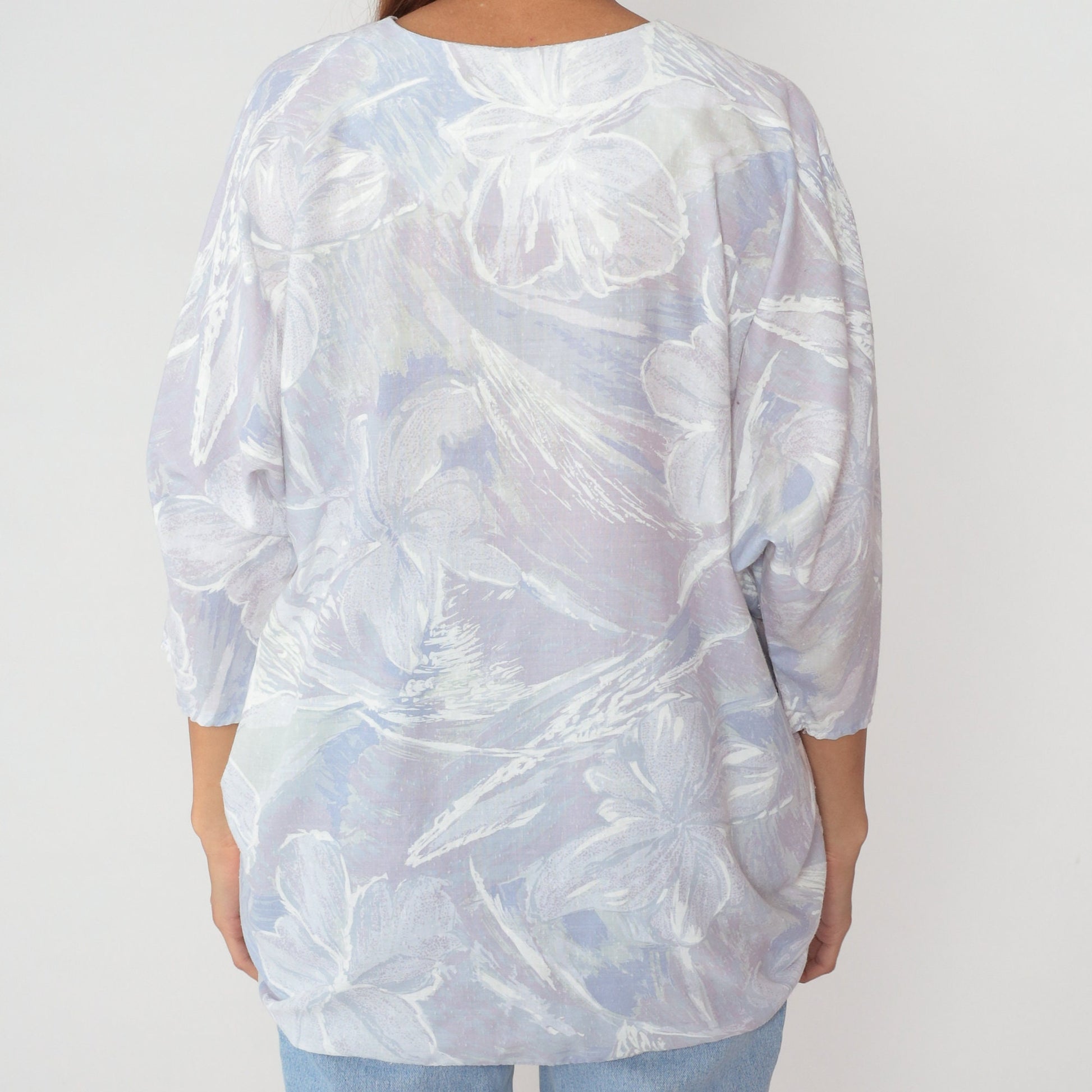 80s S.L. Fashions Floral Tie-Front Blouse Dolman Sleeve Purple Extra Large