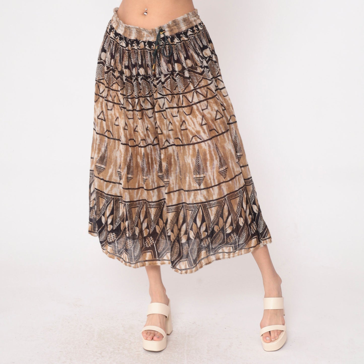 90s Geometric Leaf Print Broomstick Skirt Brown Midi Cotton Medium