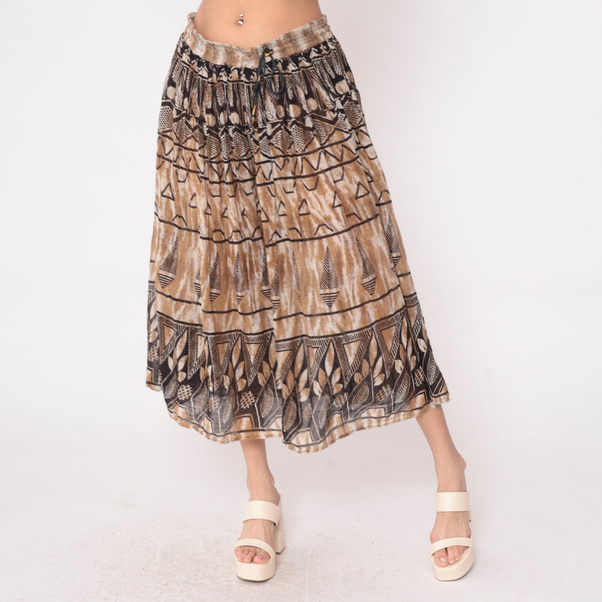 90s Geometric Leaf Print Broomstick Skirt Brown Midi Cotton Medium