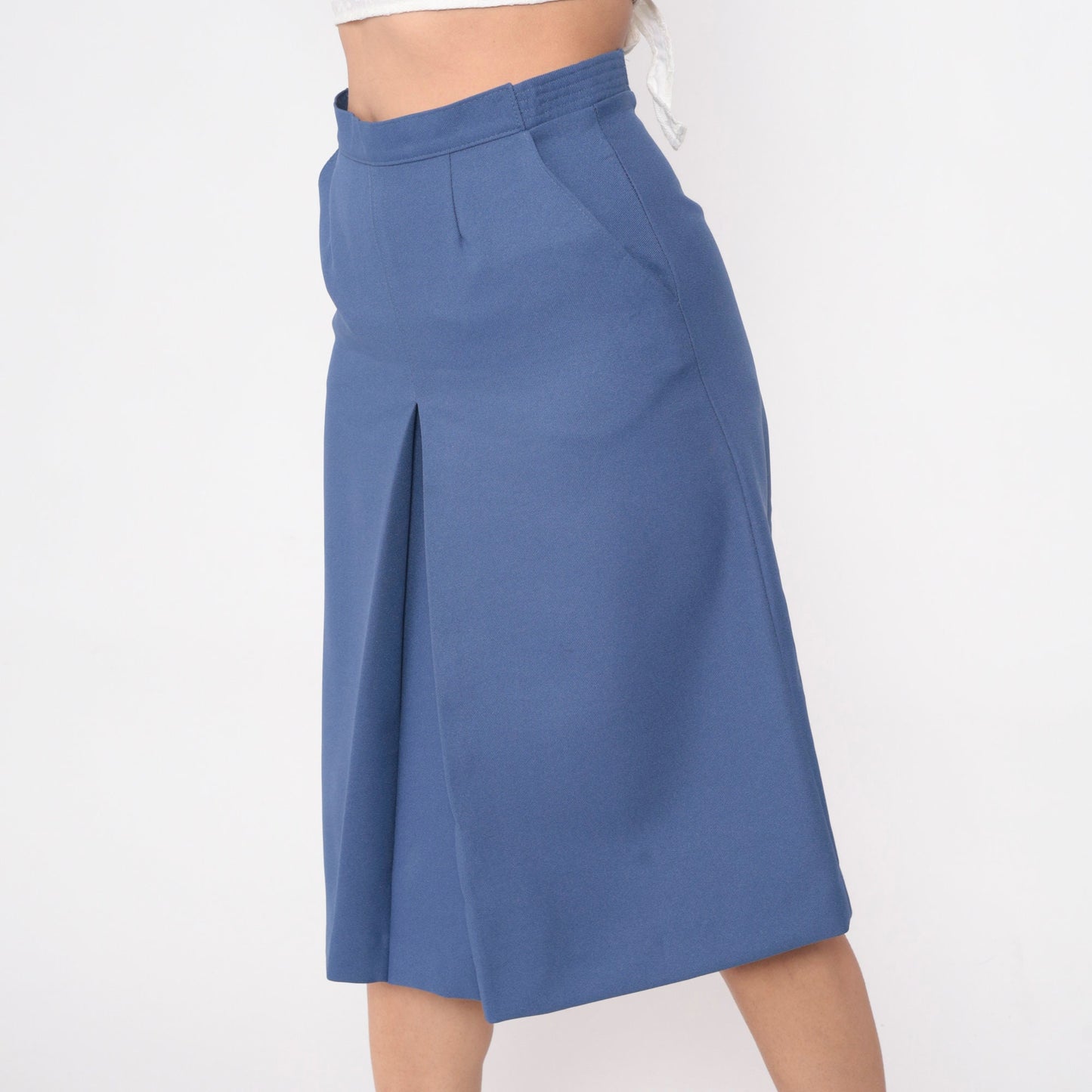 70s Dark Periwinkle Midi Skirt High Waisted Pleated A-Line Small