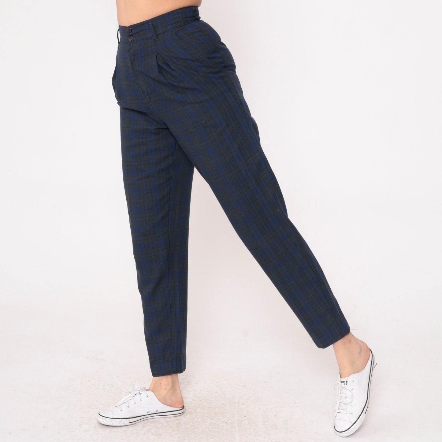 80s Palmettos Tapered Plaid Trousers Blue Charcoal High Waisted Pleated Extra Small