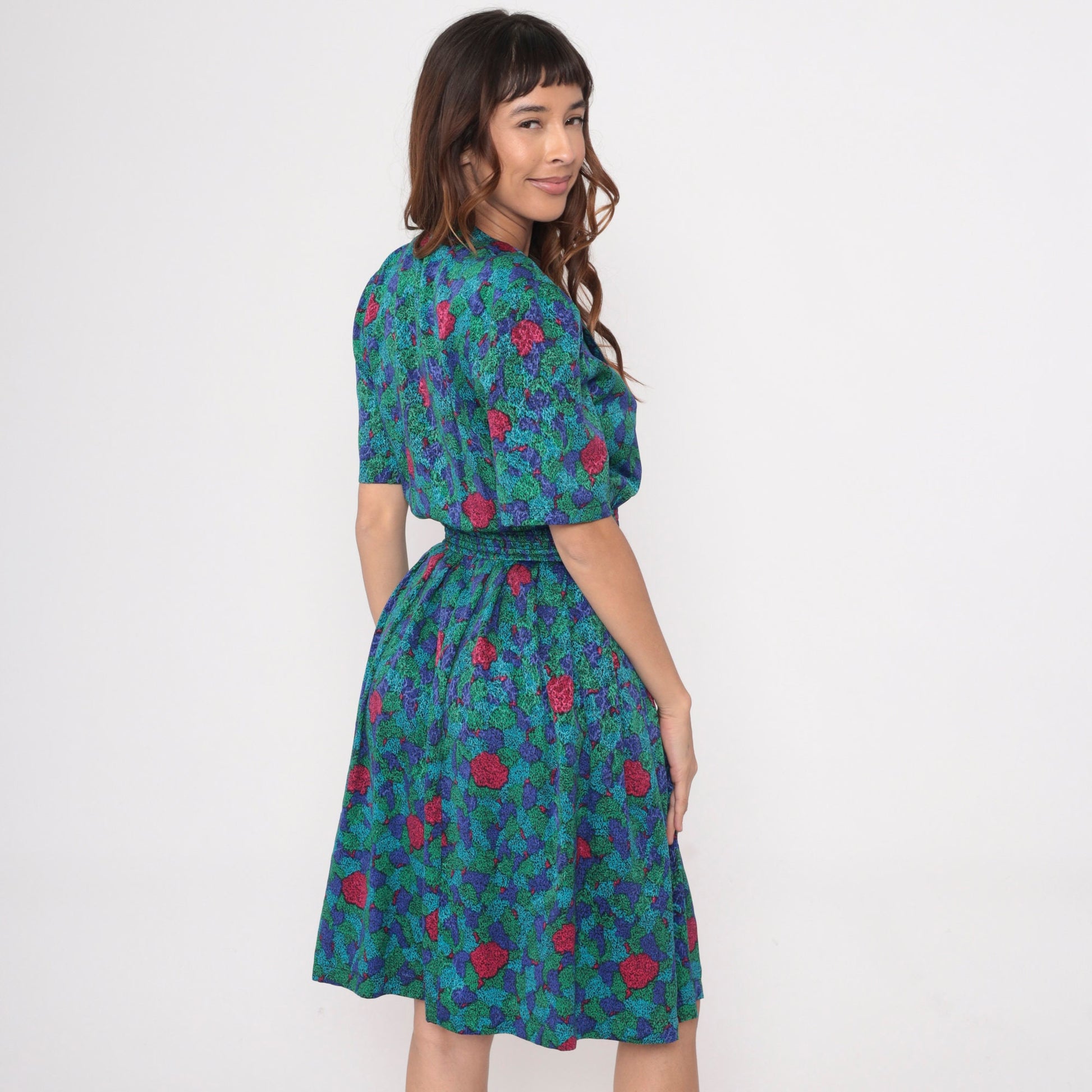 80s Abstract Floral Midi Dress Surplice Neck Pleated Elastic Waist Extra Small