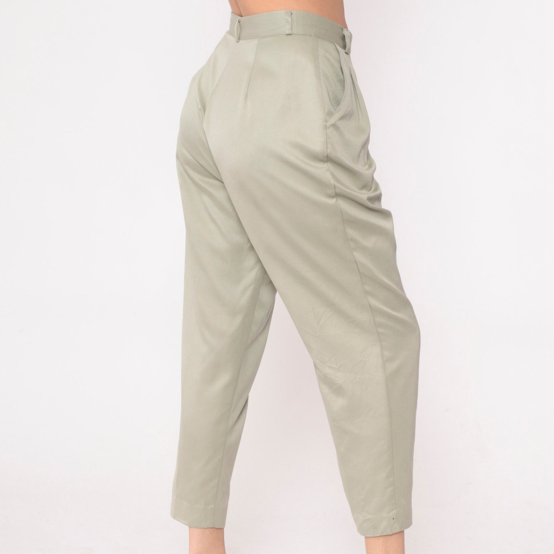 90s Khaki Pleated High-Waist Ankle Trousers Shimmer Petite Medium