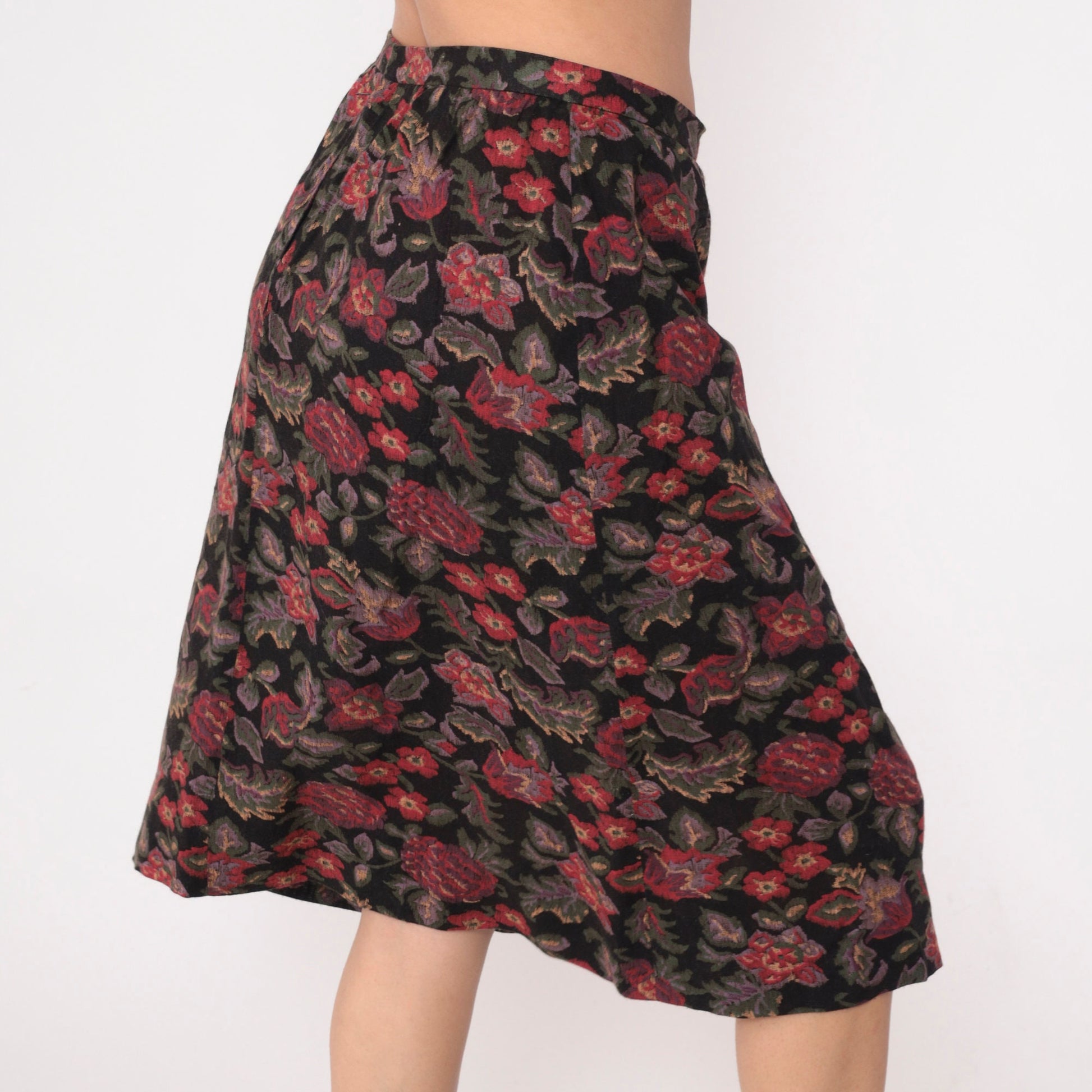 80s Floral Midi Skirt High Waisted Straight Pencil Black Red Green Small