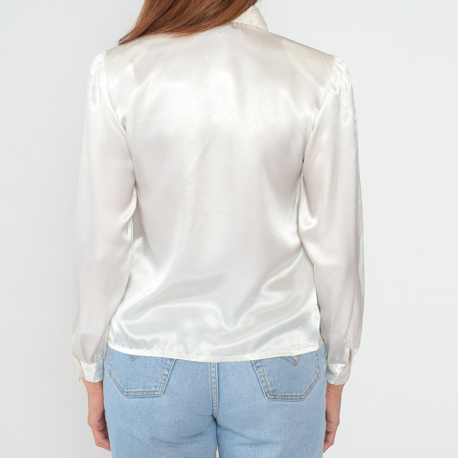 90s White Satin Blouse Puff Sleeve Floral Lace Collar Pleated Shirt Medium