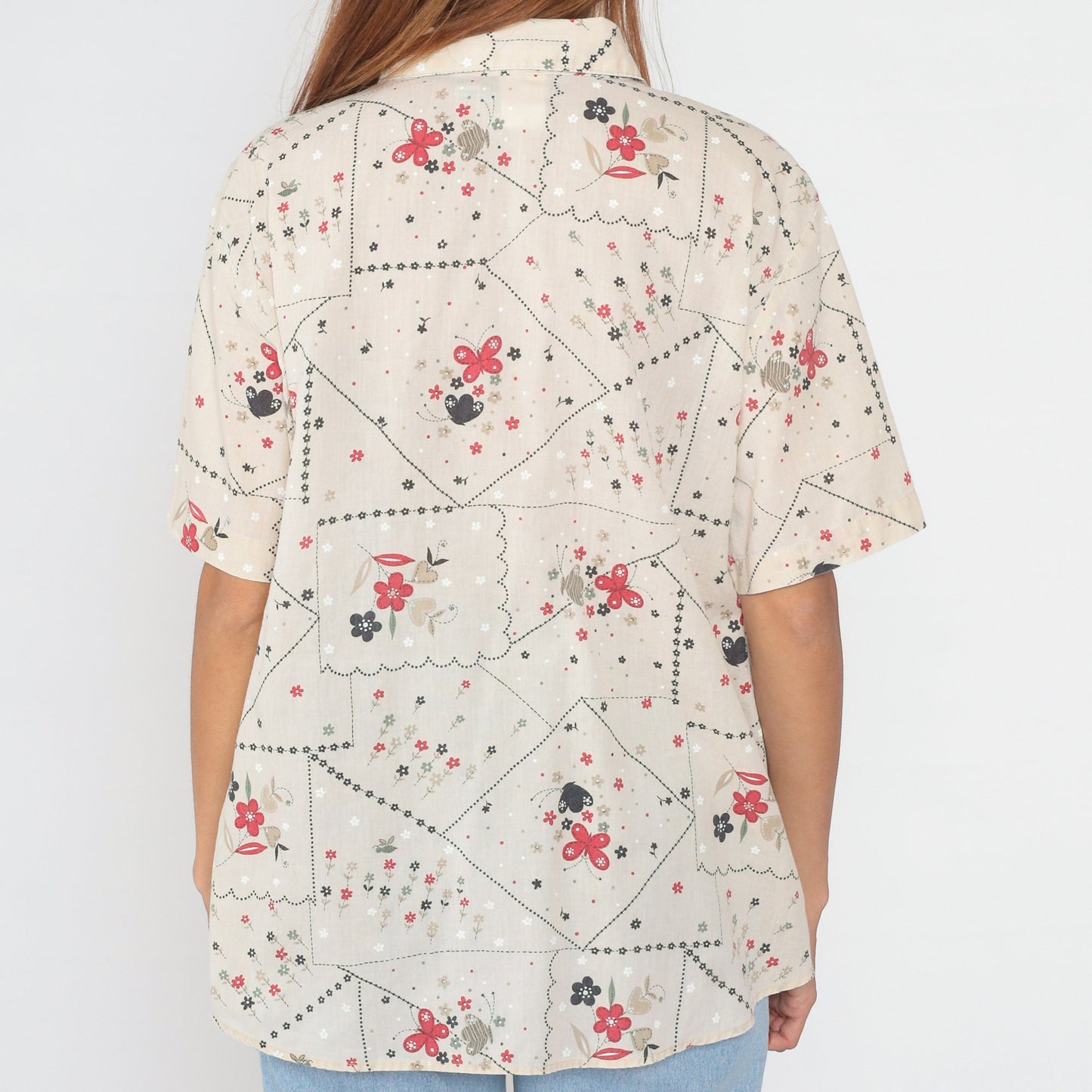 90s Floral Butterfly Button-Up Blouse Short Sleeve Cotton Shirt Extra Large XXL