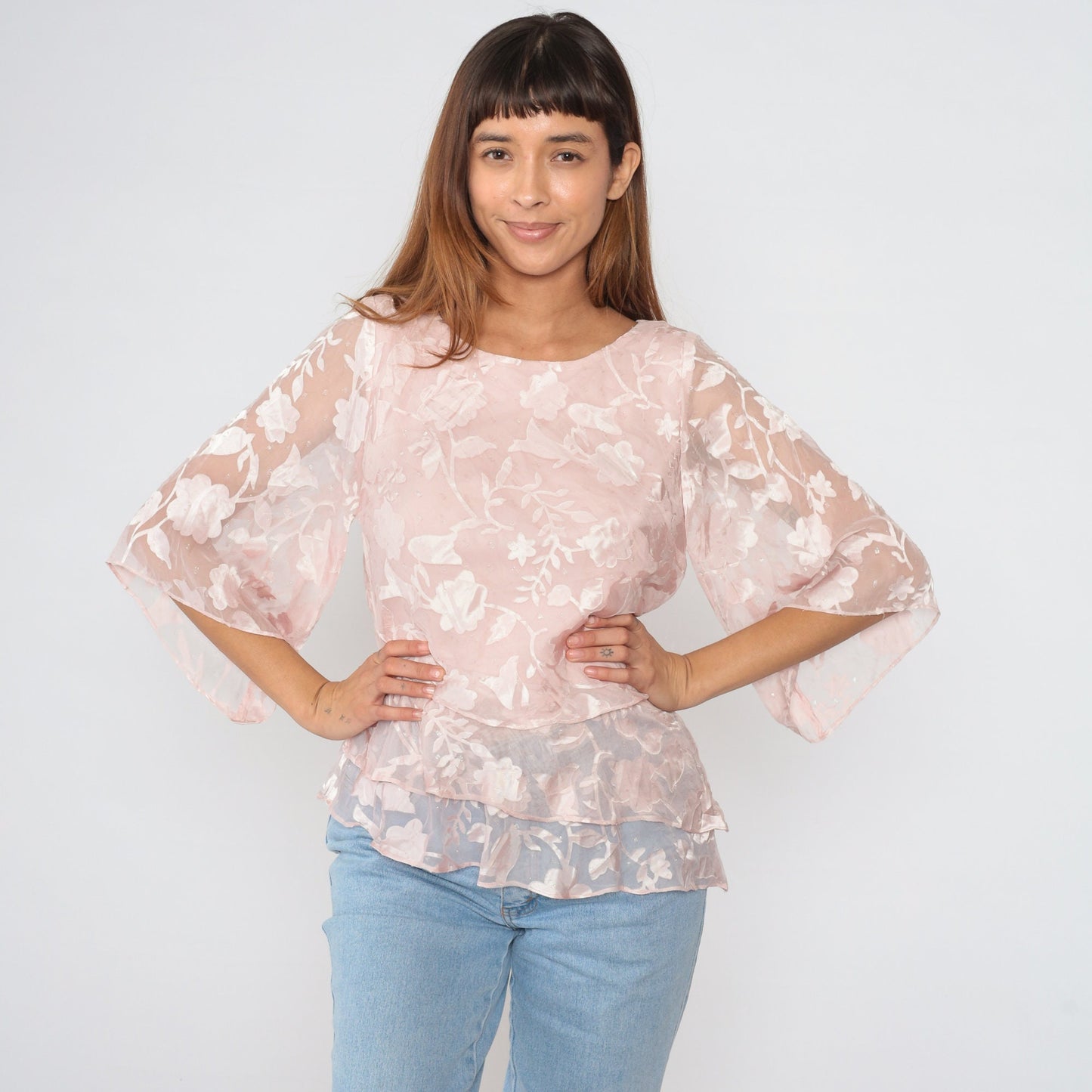 Y2K Pink Floral Blouse Alex Evenings Sparkly Wide Sleeve Small