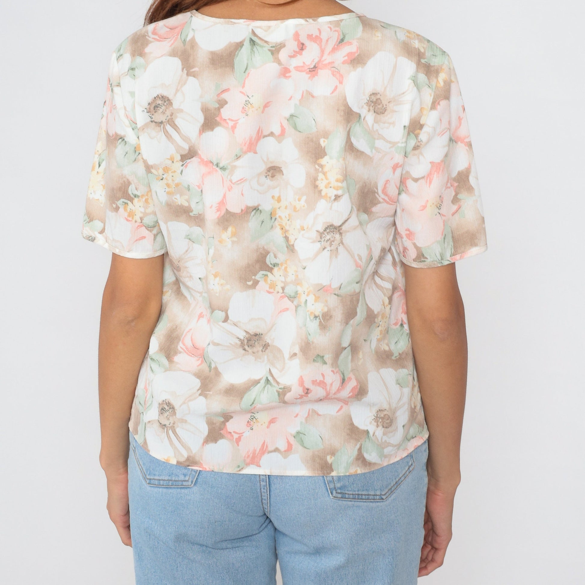 90s Muted Floral Blouse Watercolor Print Short Sleeve Top Small