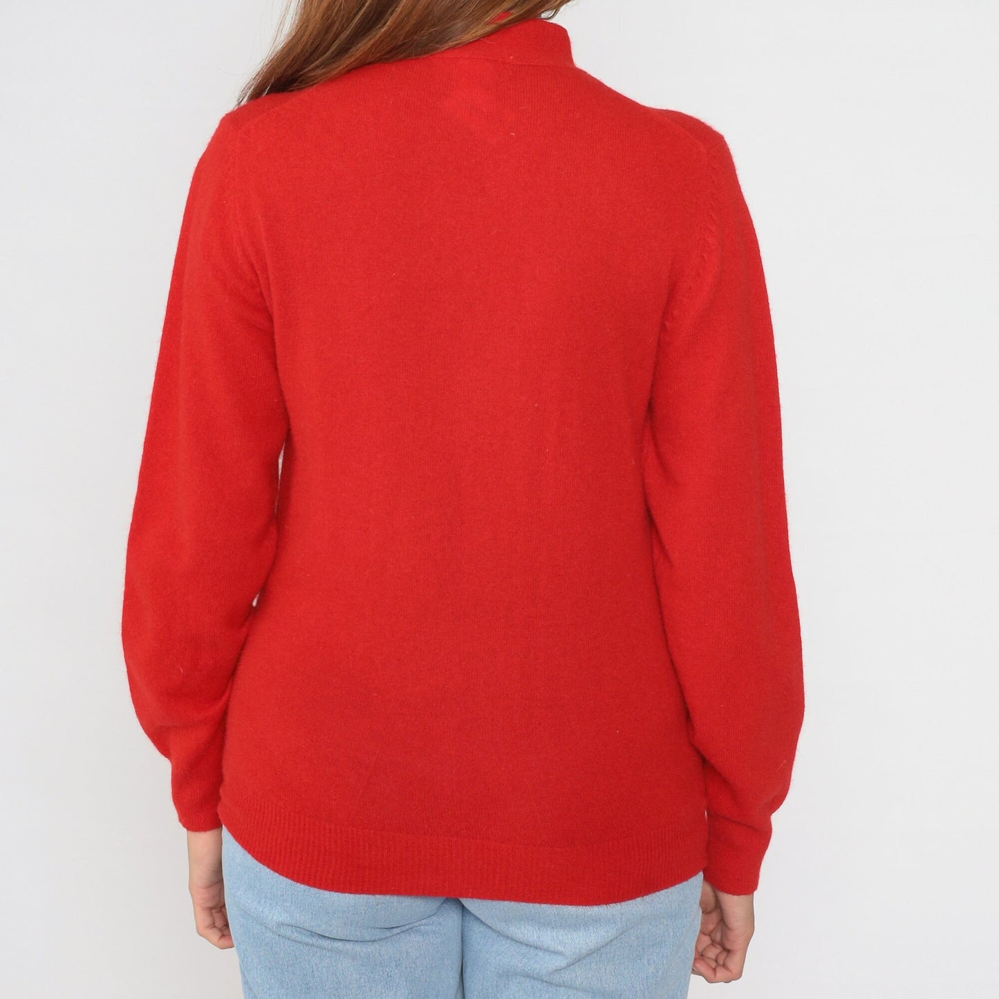 90s Halston Red Wool Angora Blend Sweater Bow Tie Neckline Medium M