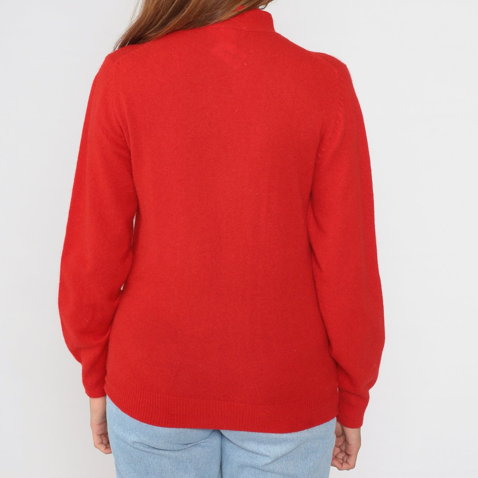 90s Halston Red Wool Angora Blend Sweater Bow Tie Neckline Medium M
