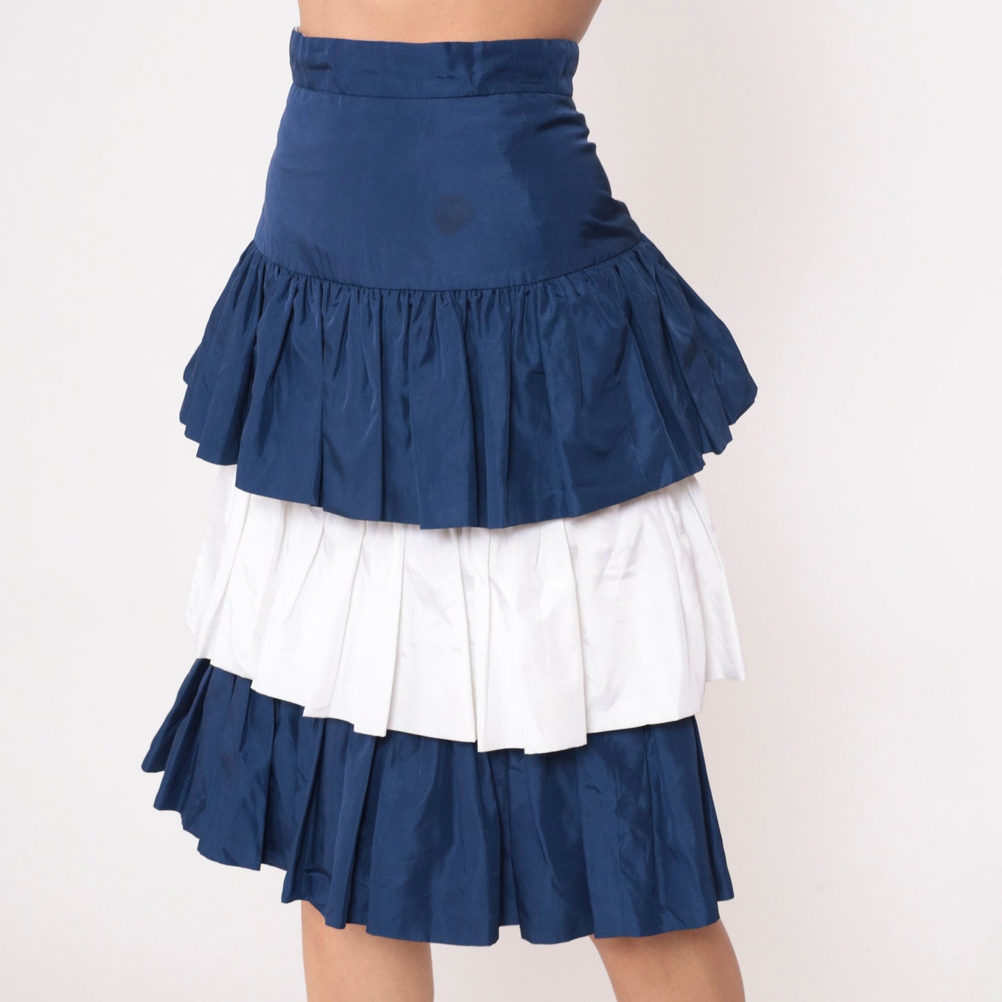 90s Tiered Midi Skirt Dark Blue White Color Block High Waist Small