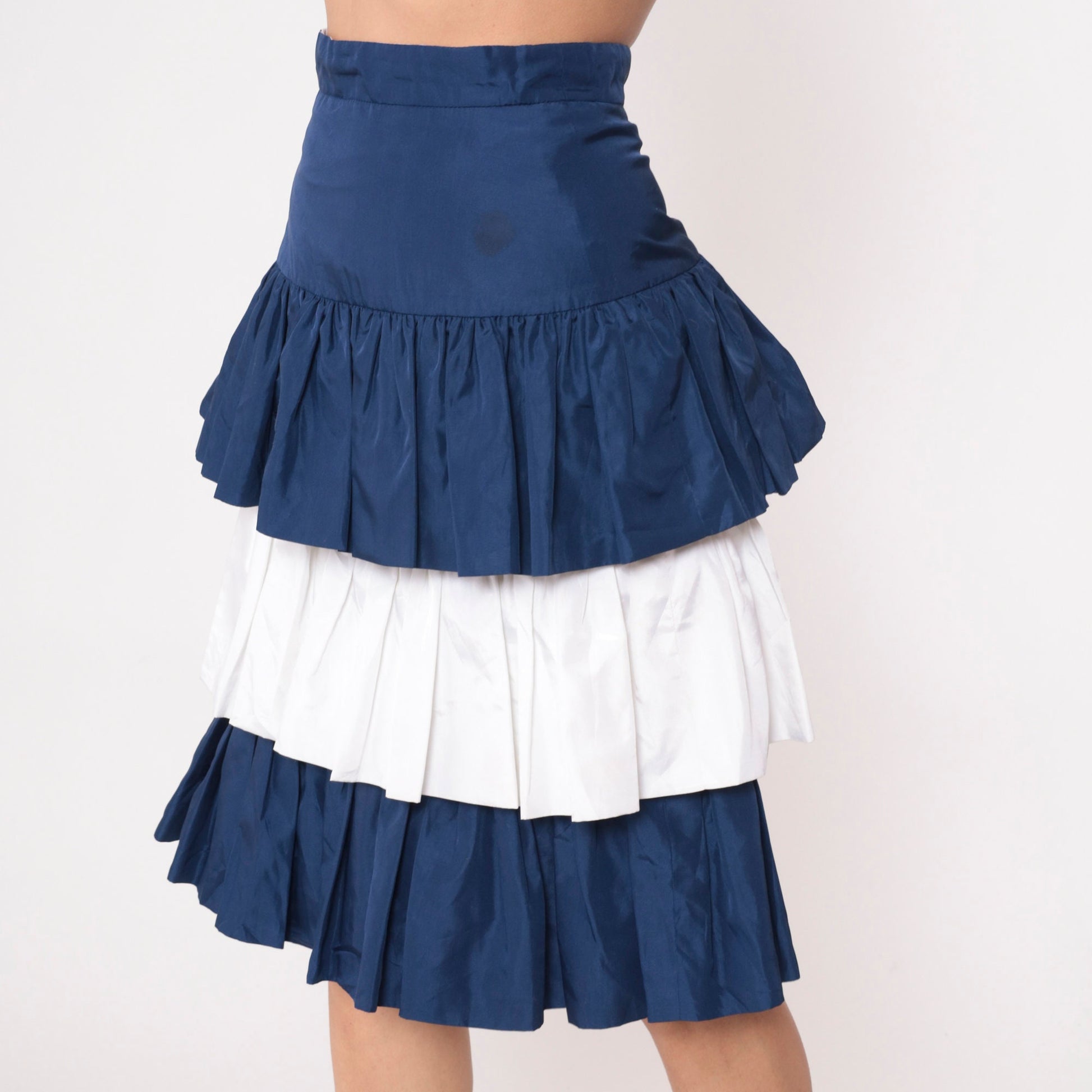 90s Tiered Midi Skirt Dark Blue White Color Block High Waist Small
