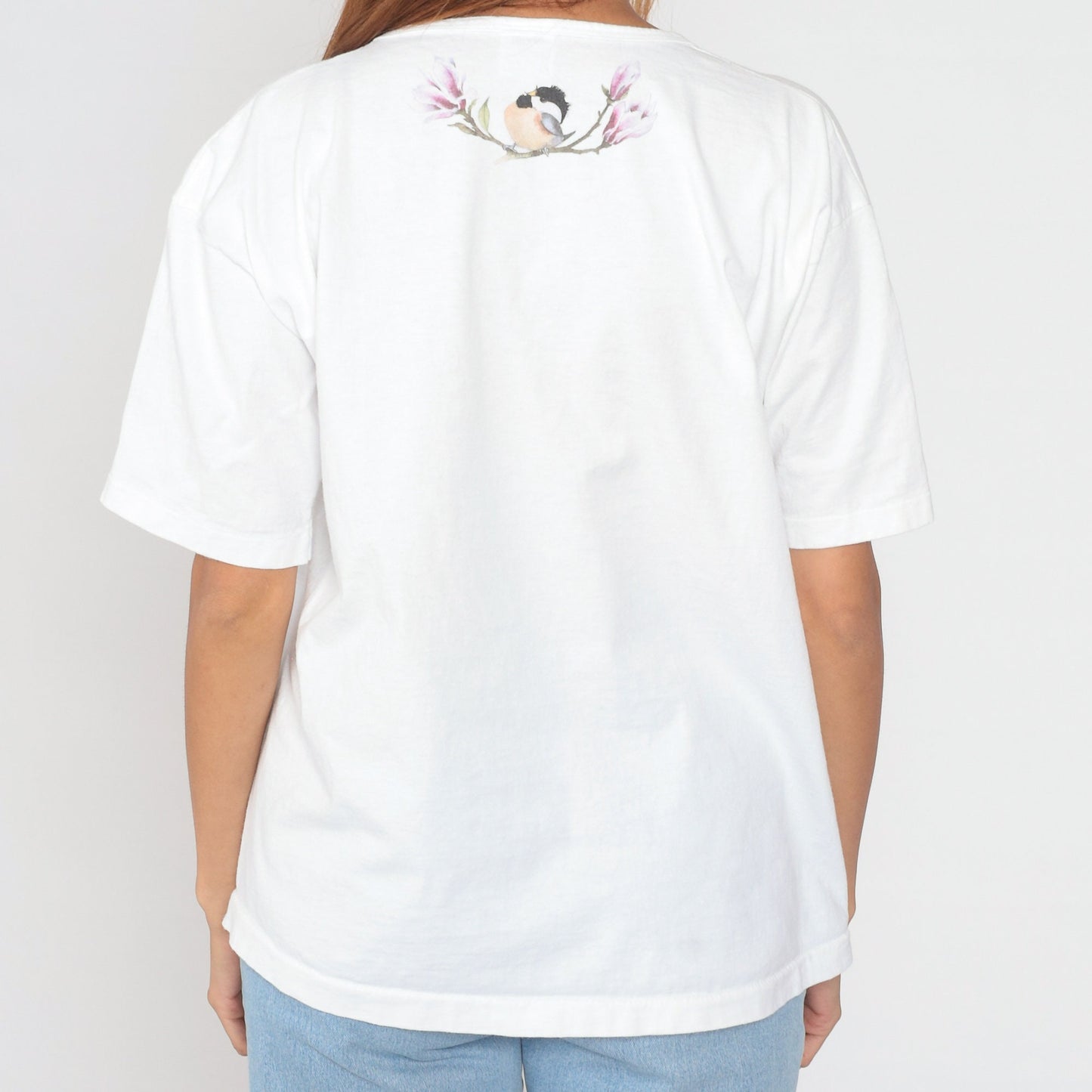 90s Floral Bird Graphic T-Shirt White Cotton Single Stitch Extra Large XL