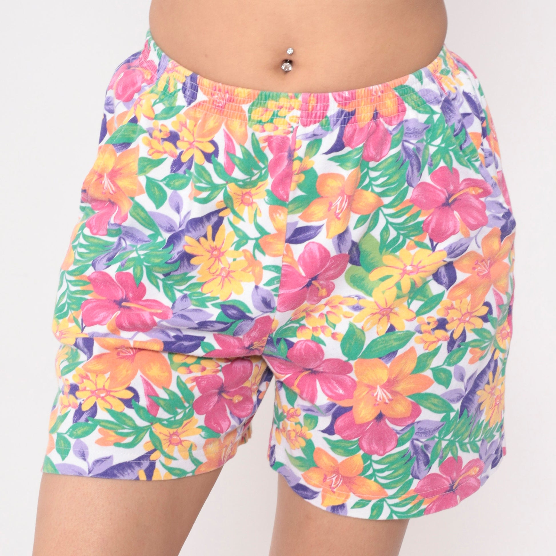 90s Tropical Floral Leaf Print High-Waist Shorts Multicolor Small