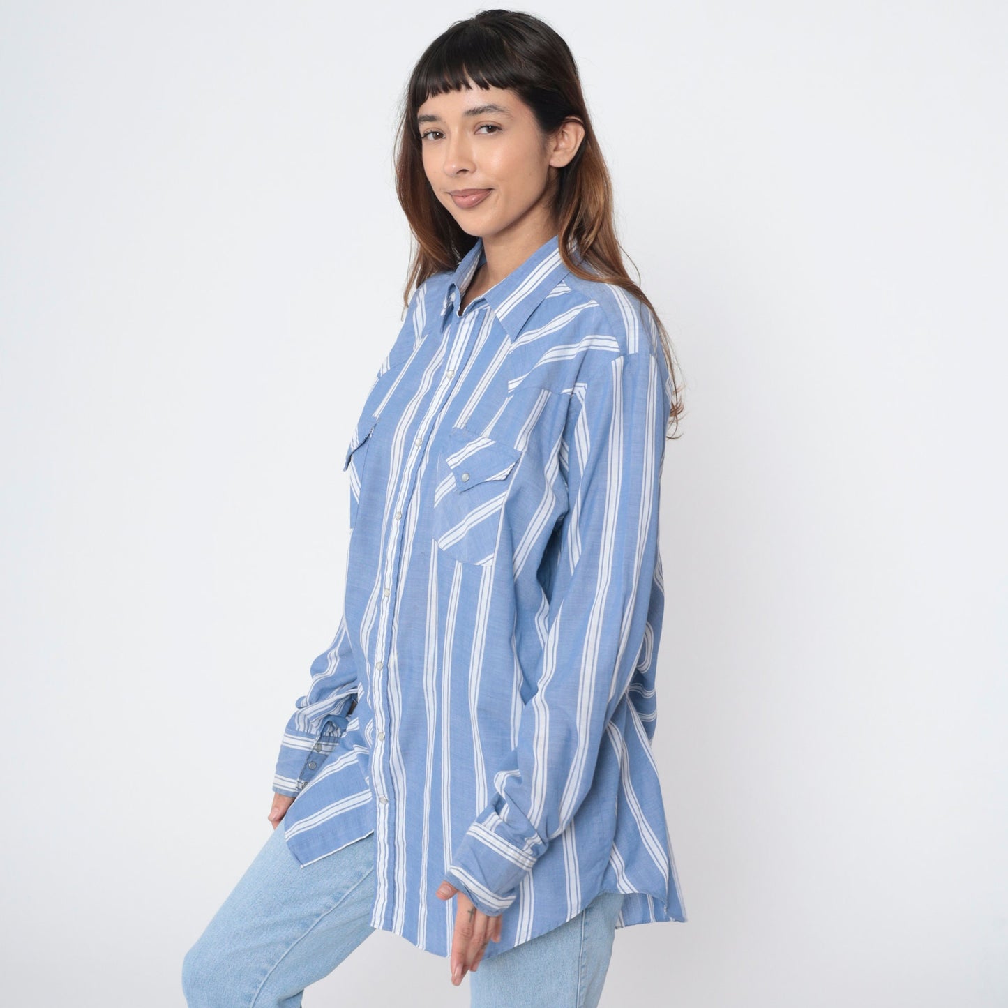 90s Western Pearl Snap Shirt Blue White Striped Long Sleeve Men's Extra Large