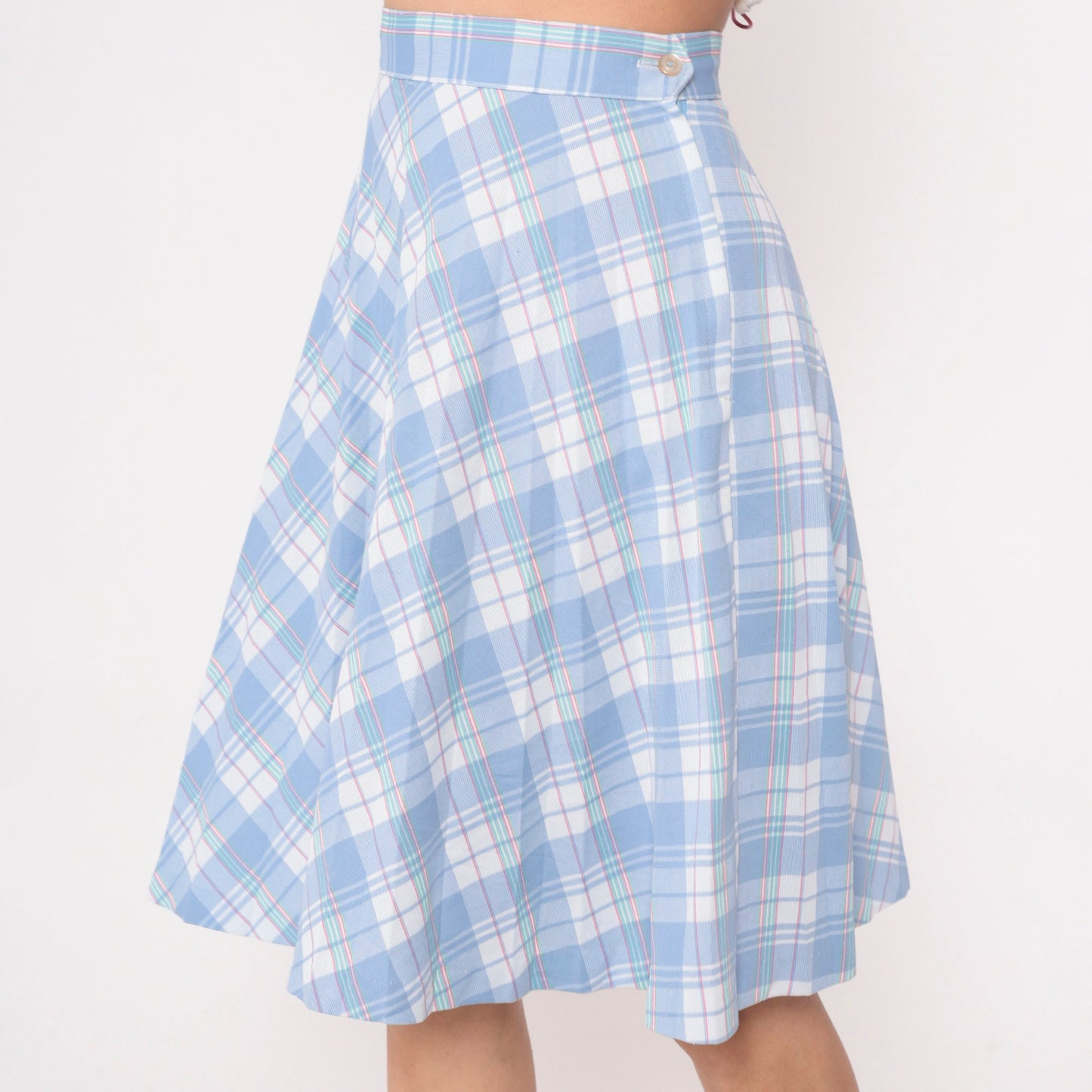 80s Sky Blue White Plaid Midi Skirt High Waist Pleated Small