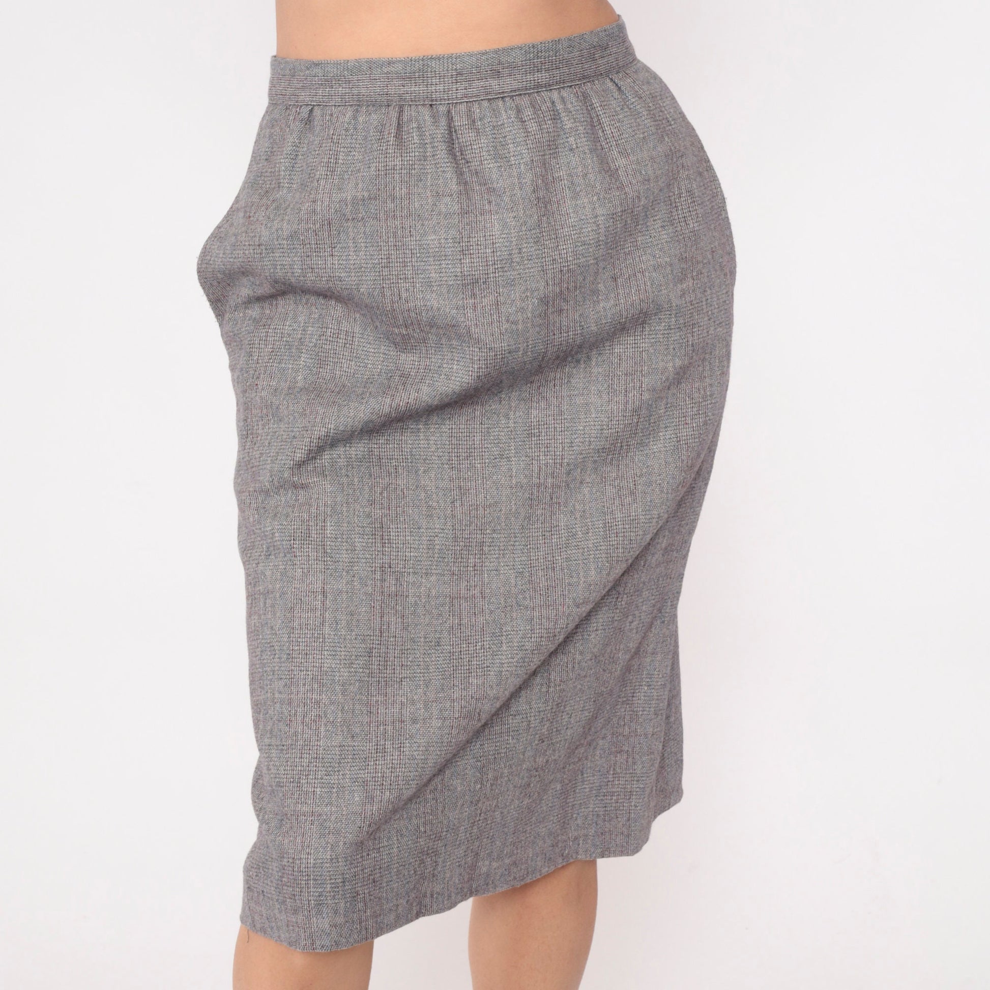 80s Grey Checkered High-Waisted Straight Skirt Pockets Small
