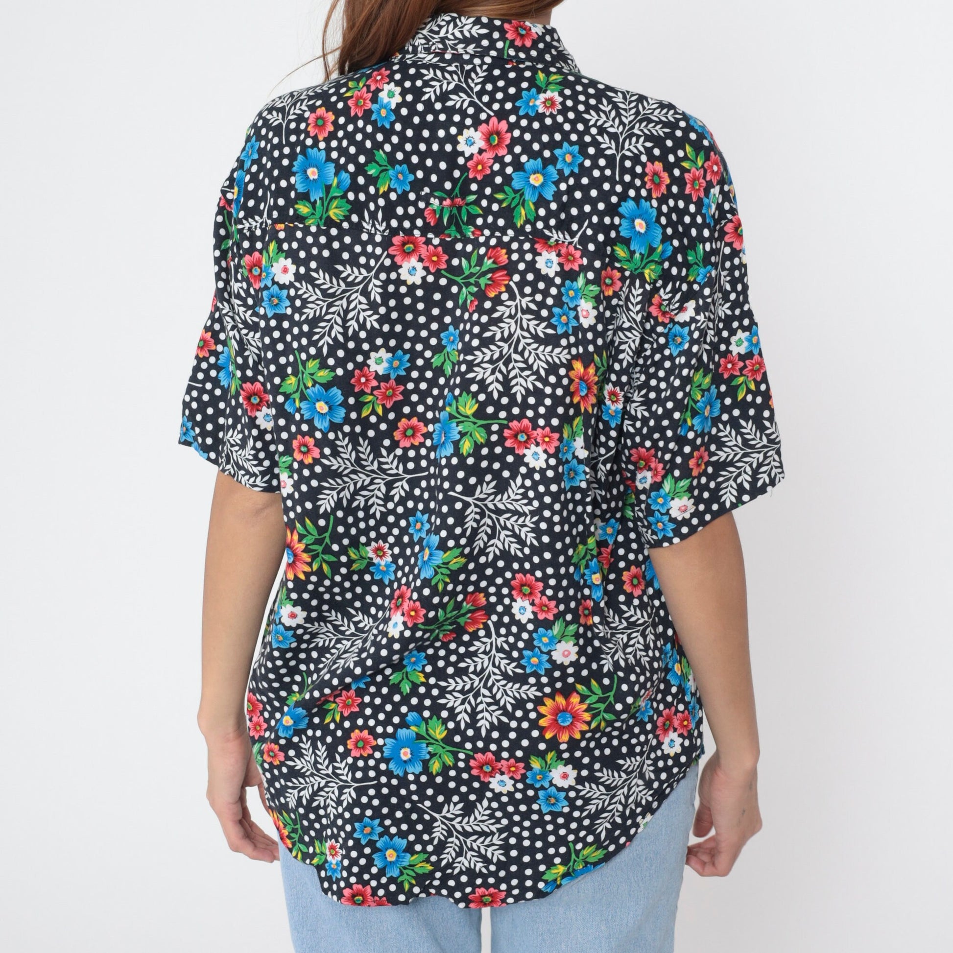 90s Floral Polka Dot Button-Up Blouse Black Rayon Short Sleeve Large L