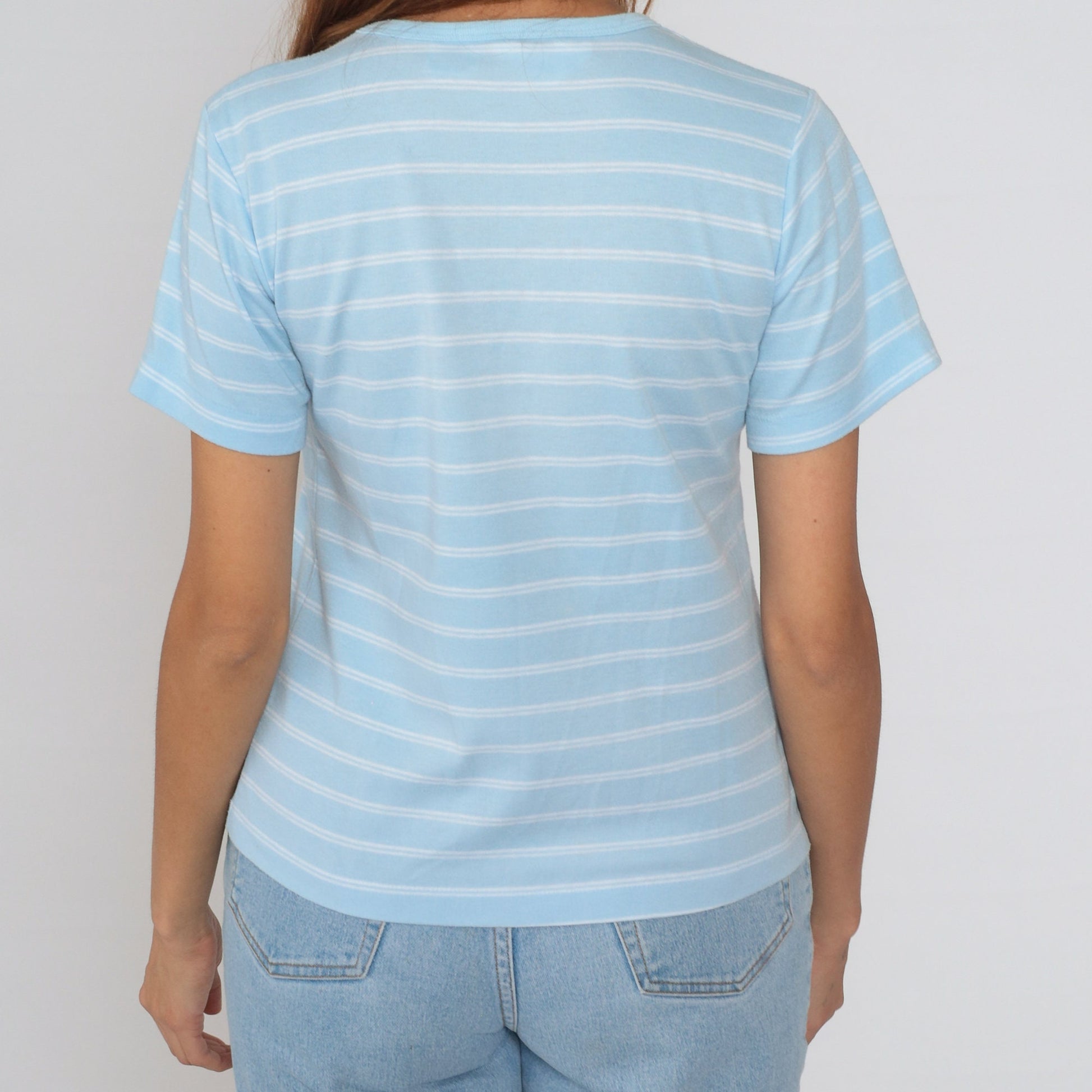 90s Blue White Striped V-Neck T-Shirt Cotton Tee Medium M