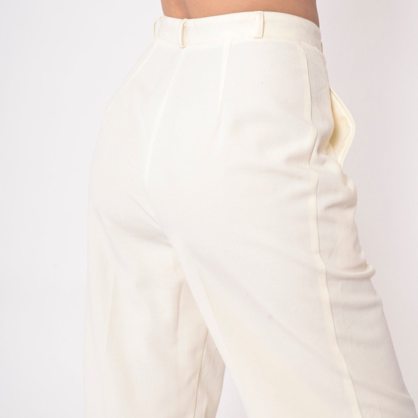 80s Cream High-Waisted Straight Leg Pants Pleated Welt Pockets Small S