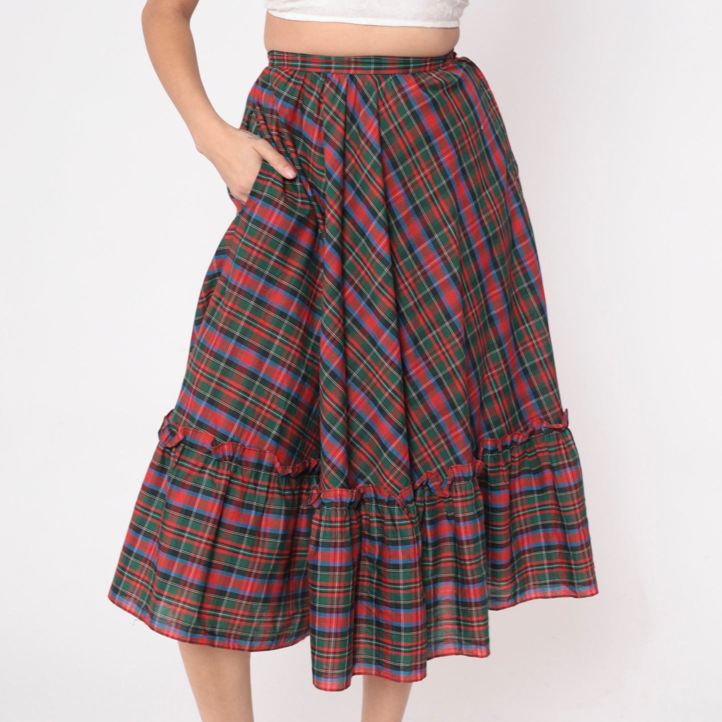 80s Plaid Midi Skirt Red Green Tartan High Waist Flounce Pocket Extra Small