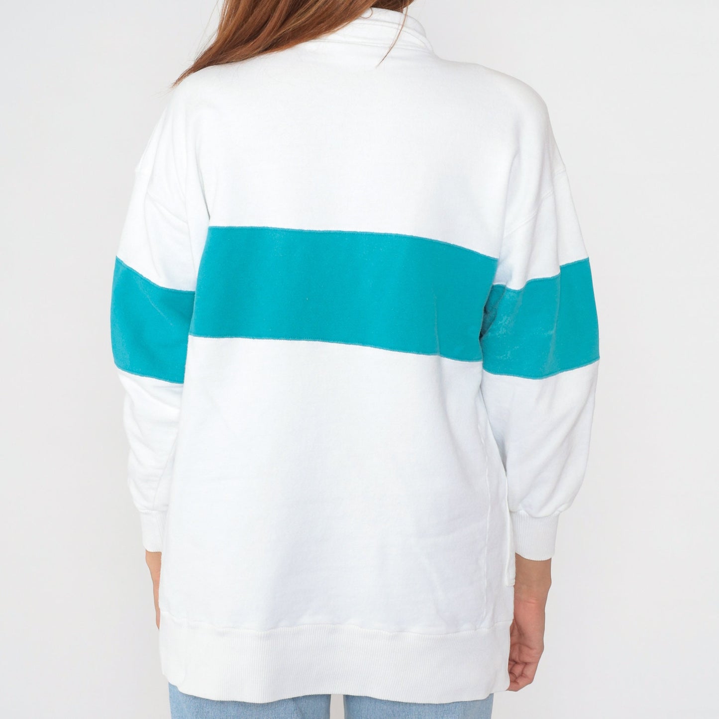90s Striped Henley Sweatshirt White Blue Button-Up Pullover Cotton Large L
