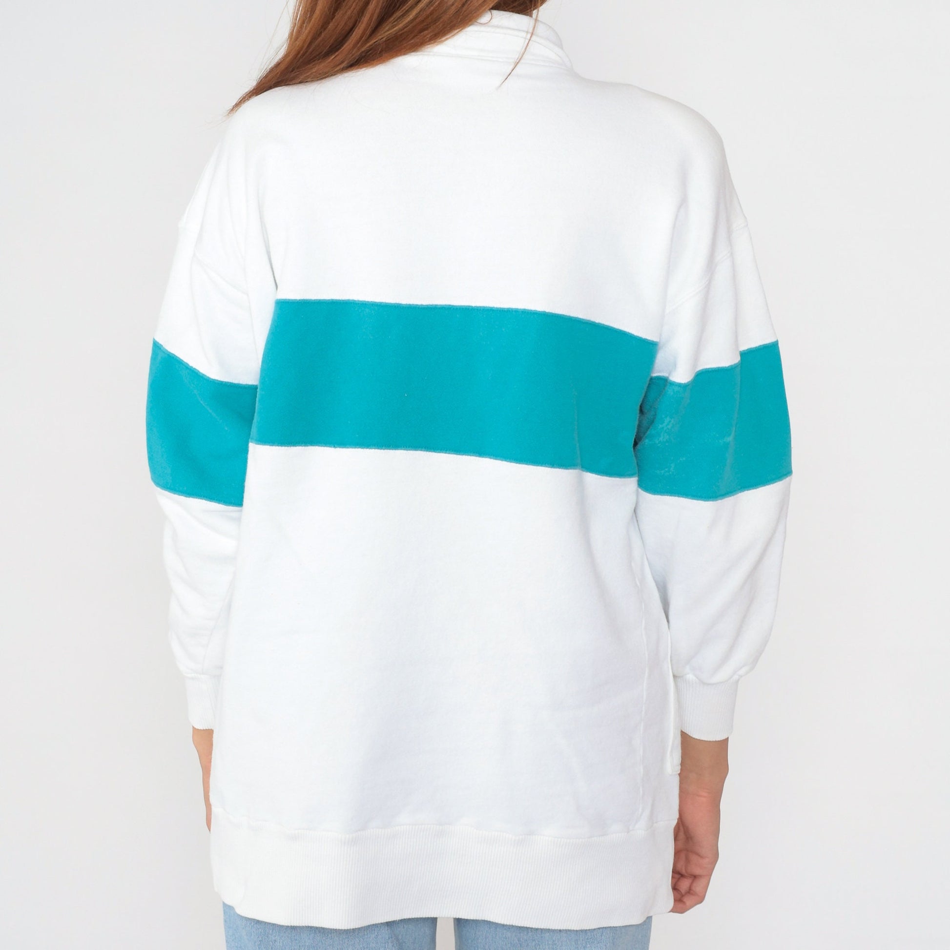 90s Striped Henley Sweatshirt White Blue Button-Up Pullover Cotton Large L