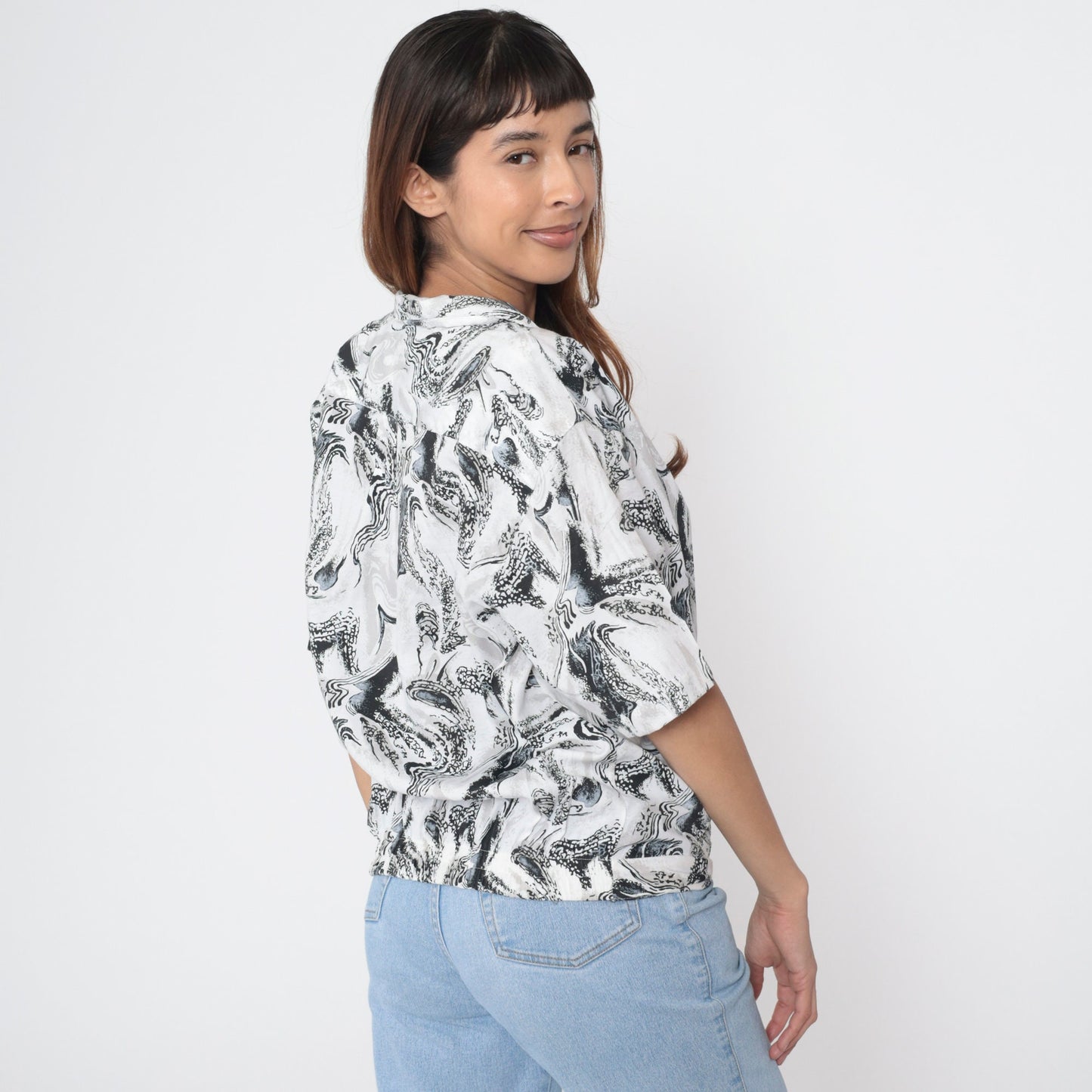 90s Marbled Swirl Button-Up Blouse Black White Deep V-Neck Short Sleeve Medium M