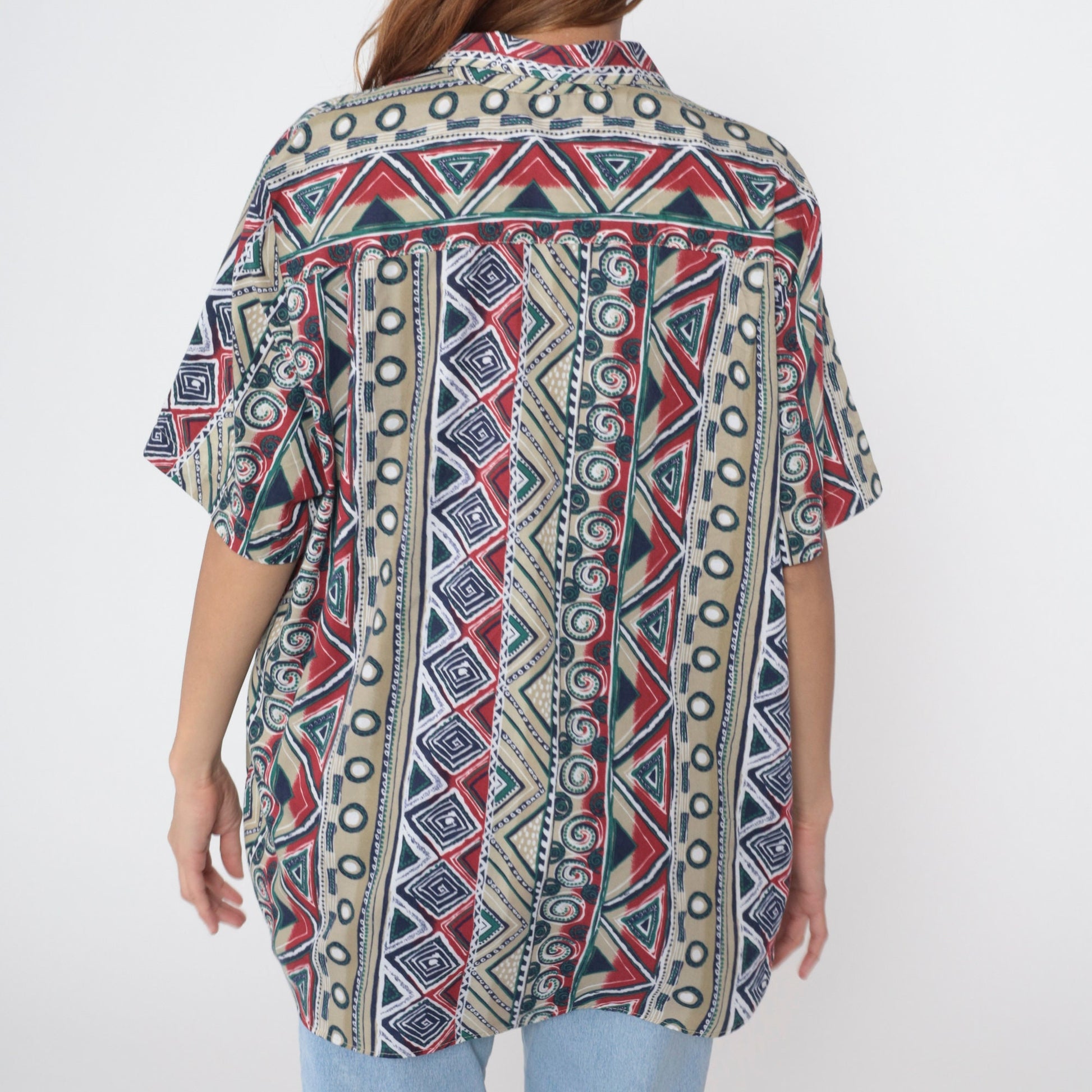 90s Southwestern Striped Button Up Blouse Geometric Print Green Red Beige Extra Large