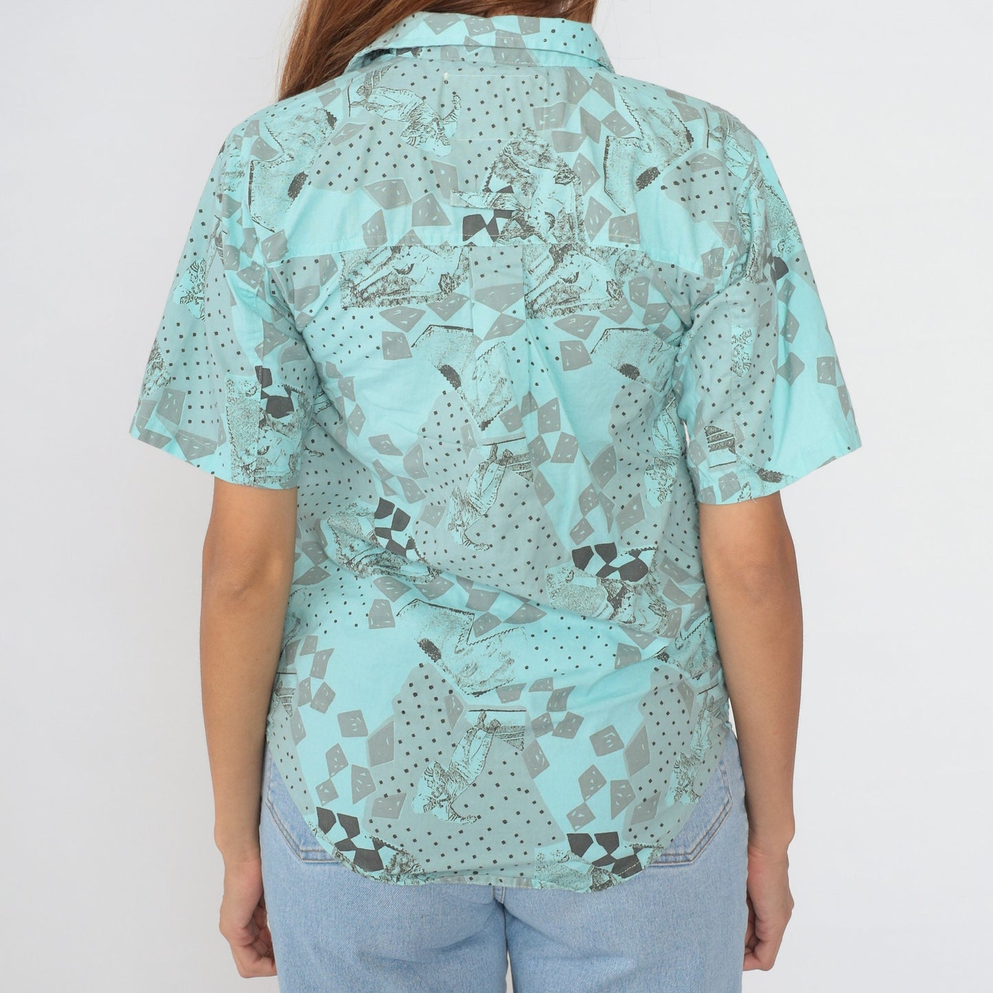 90s Permit Blue Button-Up Shirt Abstract Football Soccer Player Print Medium
