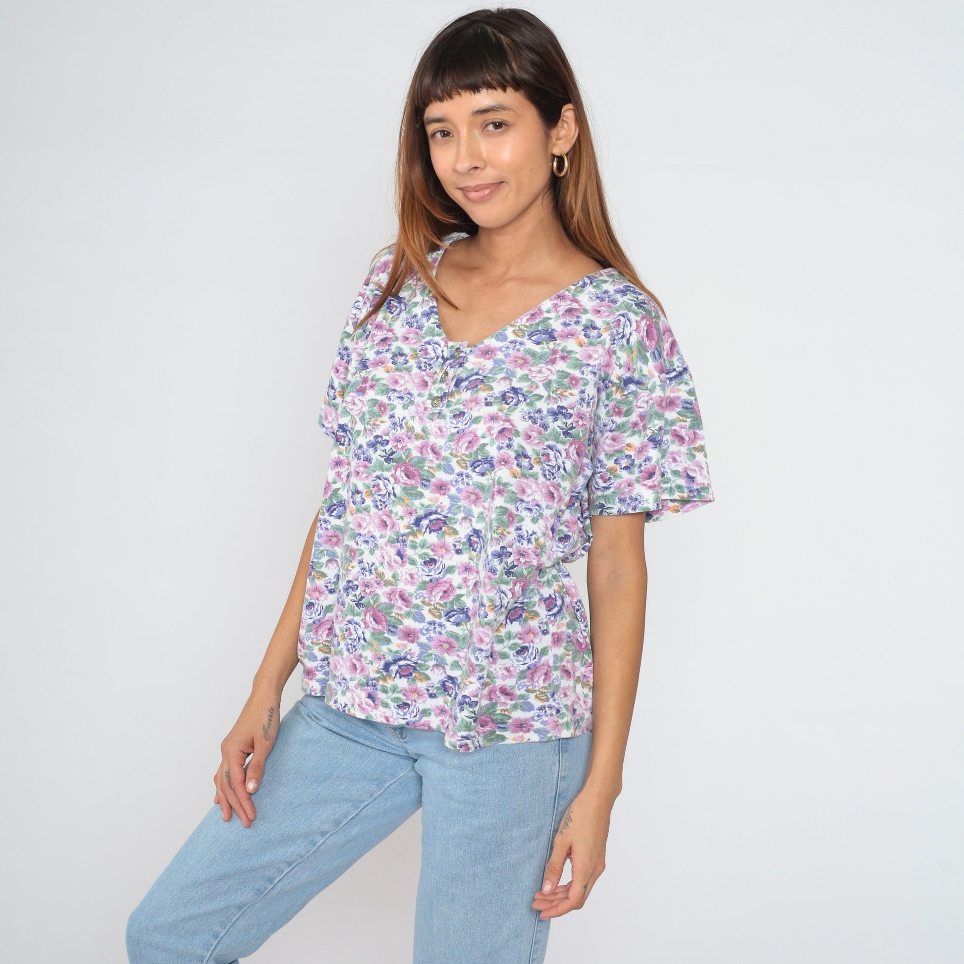 90s Floral Henley Shirt White Rose Print Short Sleeve Half Button Top Large L